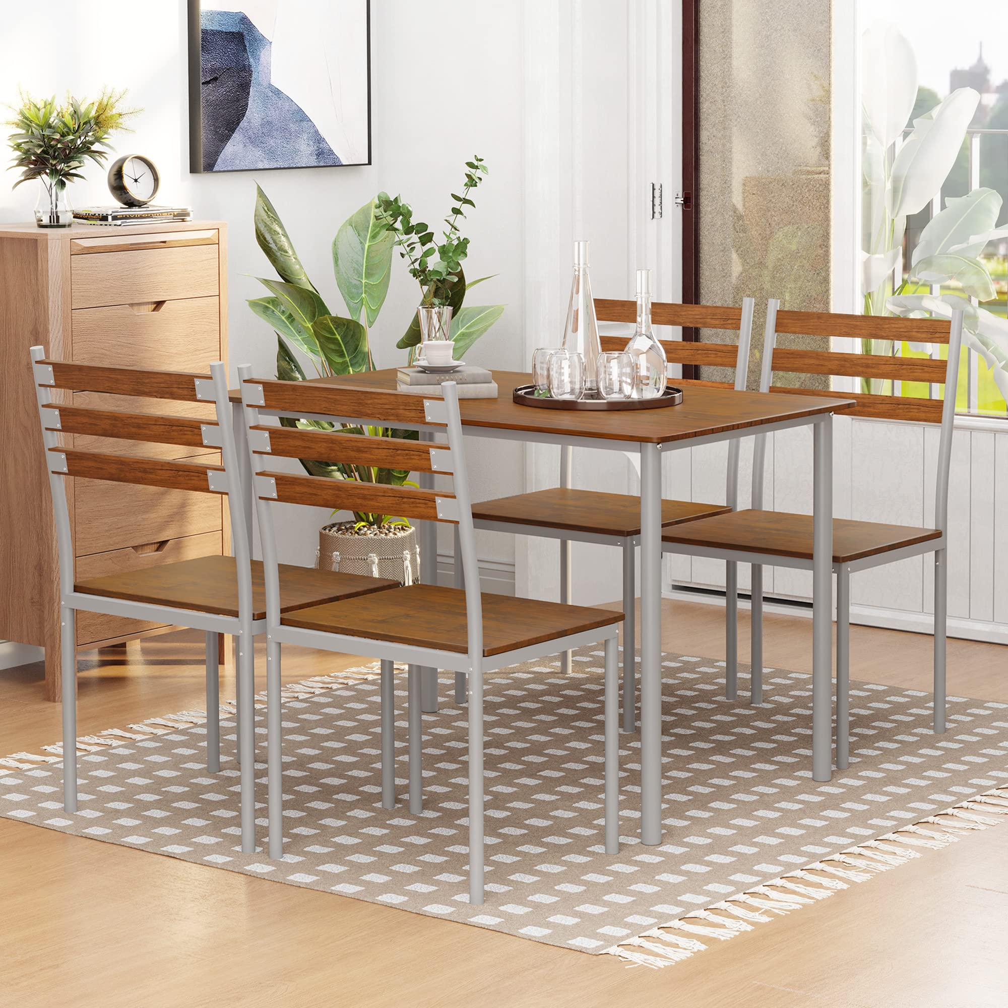 Modern 5-Piece Dining Table Set for 4 with Rectangular Table & 4 Chairs - Space-Saving Kitchen Furniture for Small Spaces, Dinettes & Breakfast Nooks - Perfect for Family Meals, Entertaining Guests & Daily Dining (Brown)