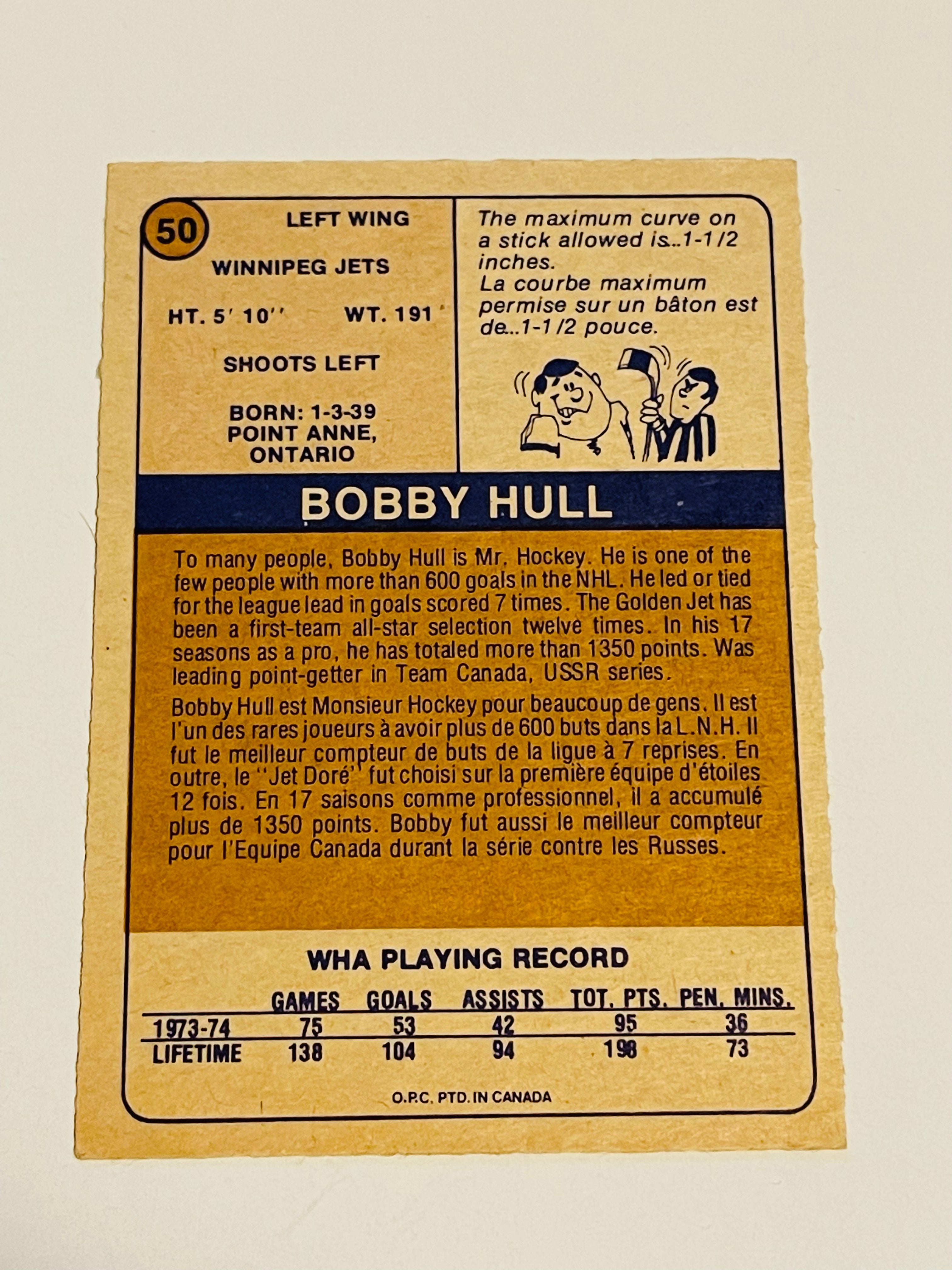 1974 WHA Bobby Hull Hockey Card - Rare Vintage Collectible for Hockey Fans & Sports Memorabilia Enthusiasts - Perfect for Display, Trading, and Gifting