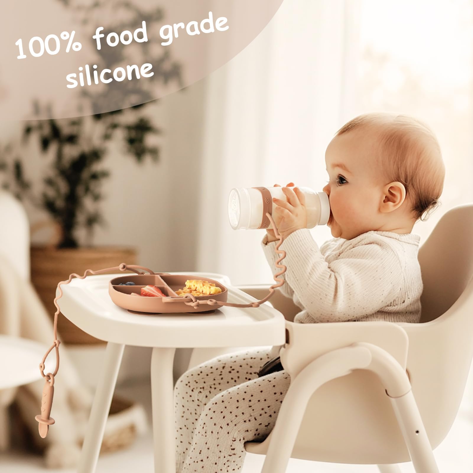 Non-Toxic Silicone Divided Baby Plates with Suction Base & Safety Spoons - BPA-Free Infant Feeding Set with Toy Straps & Bottle Bungees - Perfect for Toddler Mealtime, High Chair Use, and On-the-Go Feeding - Sage Green