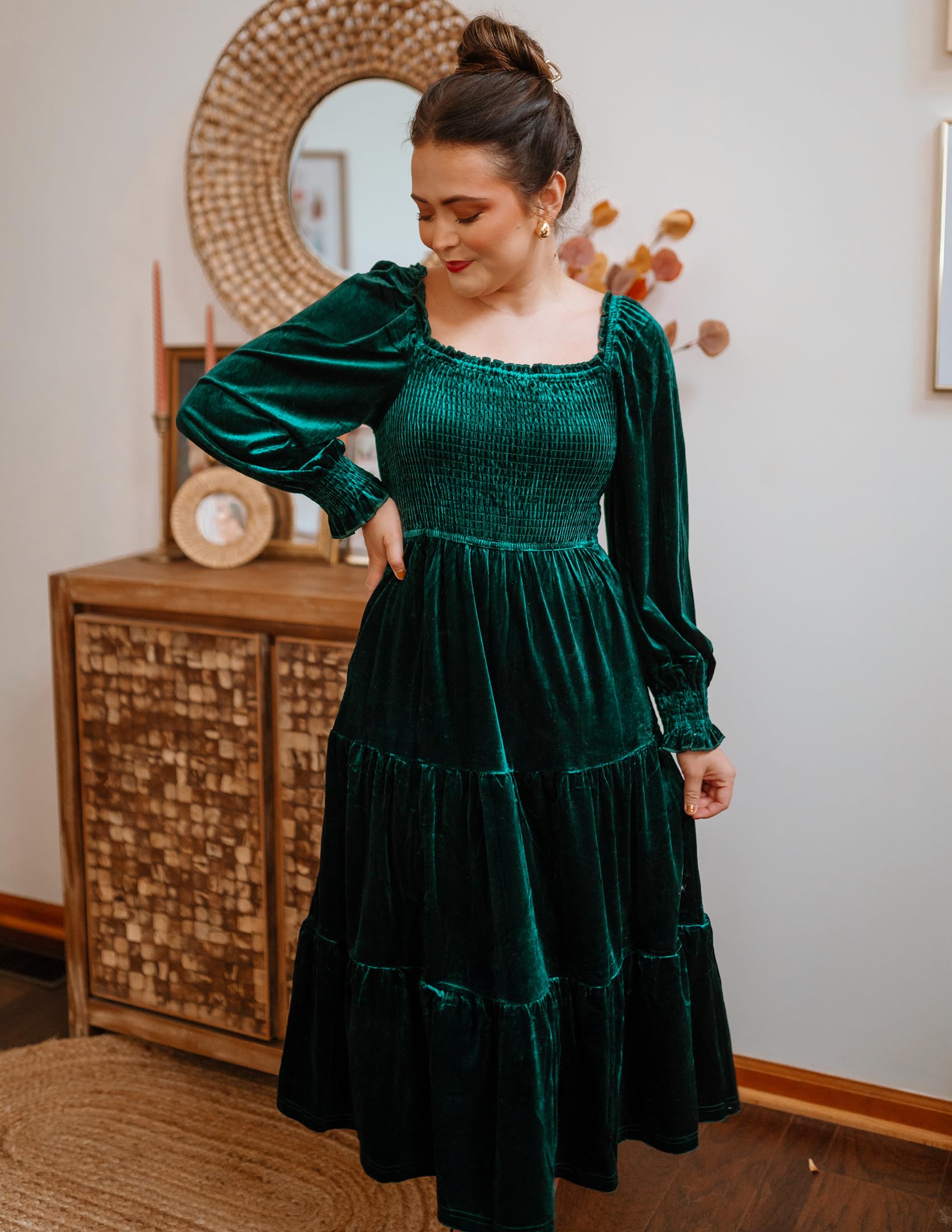 ZESICA Women's Velvet Long Sleeve Square Neck Smocked Ruffle A-Line Midi Dress with Pockets - Elegant Spring 2025 Flowy Dress for Parties, Weddings & Date Nights