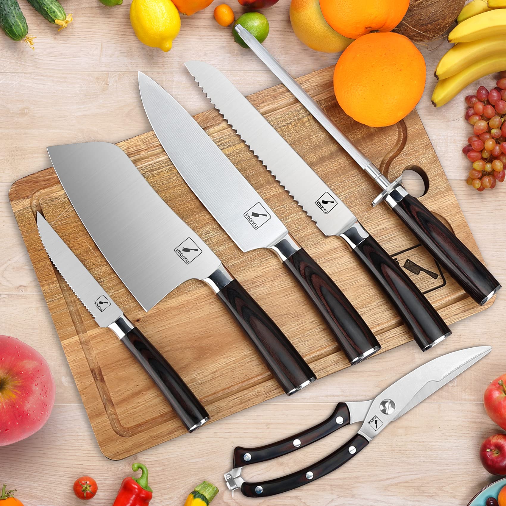IMARKU 11-Piece Professional Japanese Kitchen Knife Set with Wooden Block - Stainless Steel Chef Knives, Cutting Board & Knife Sharpener Included - Perfect Gift for Home Cooks & Culinary Enthusiasts (Great for Sushi Making, Meat Cutting & Vegetable Prep)