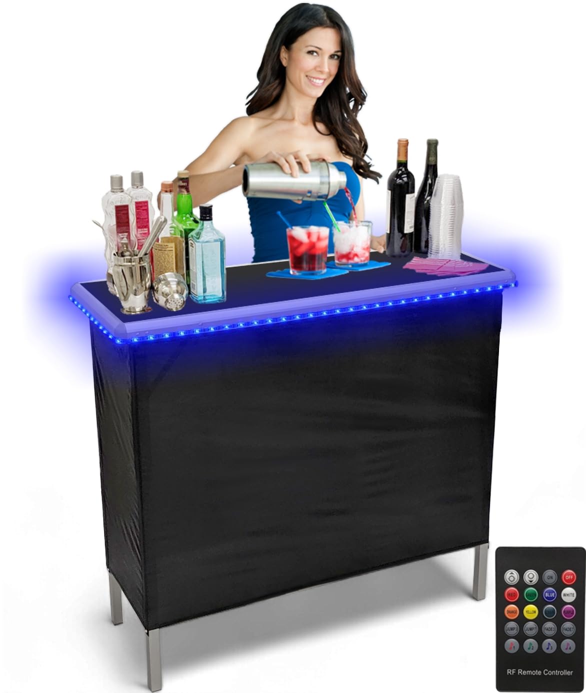 PartyPong Folding Portable Bar with LED Lights - Wireless Remote Control, 2 Bar Skirts, Storage Shelf & Carrying Case - Black - Perfect for Home Parties, Outdoor Events & Tailgating
