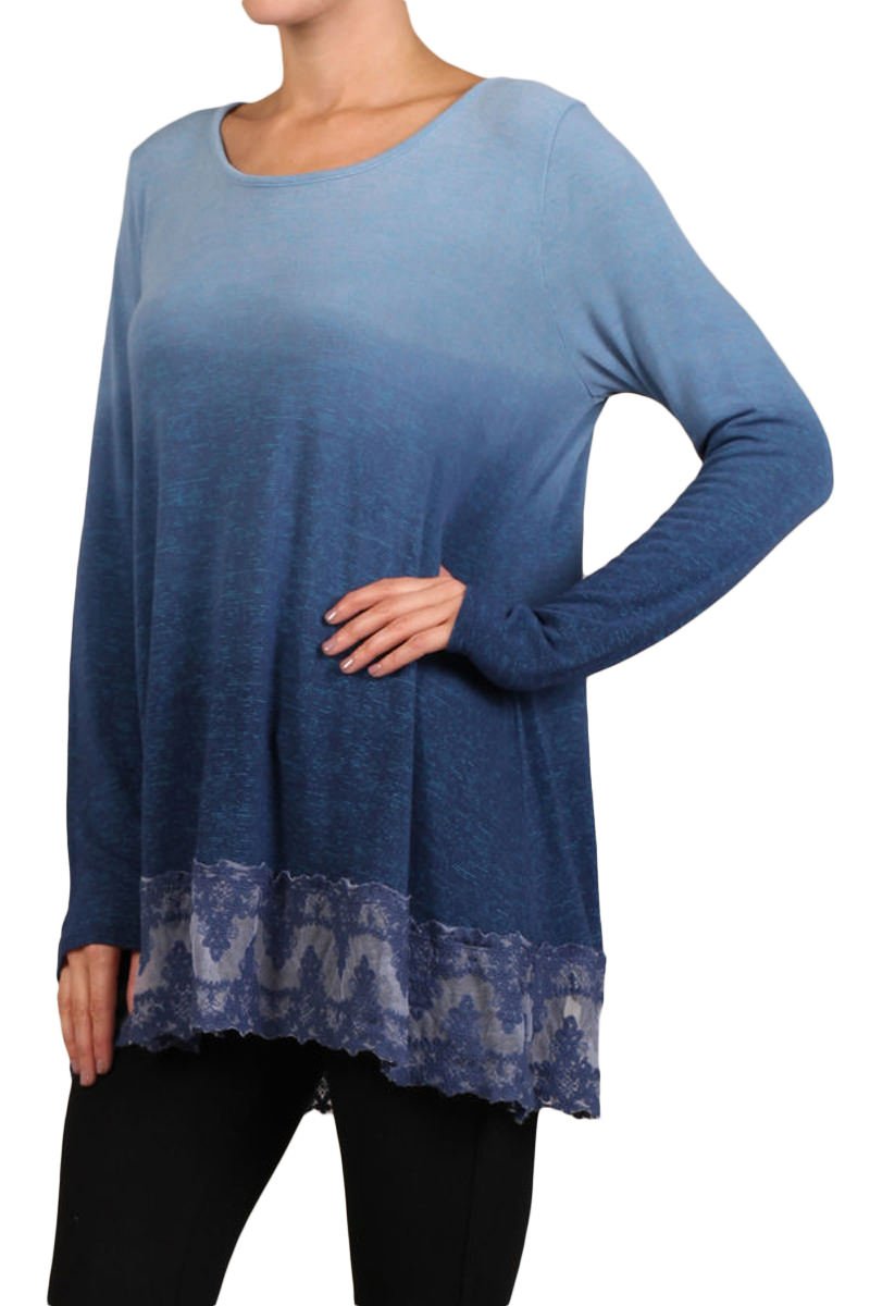 HEYHUN Women's Ombre Long Sleeve Knit Tunic Top with Crochet Patch - Stylish Boho Blouse for Casual Wear, Layering & Fall Fashion