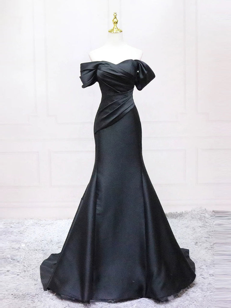Elegant Black Mermaid Off-Shoulder Satin Long Prom Dress - Formal Evening Gown for Homecoming, Wedding, and Special Occasions