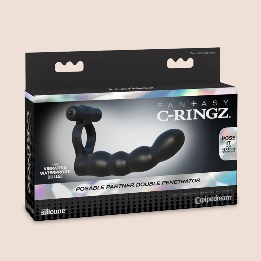 Fantasy C Ringz Posable Partner Double Penetrator - Vibrating Dildo with C-Ring for Couples | Enhance Intimacy & Dual Stimulation for Spicy Bedroom Play