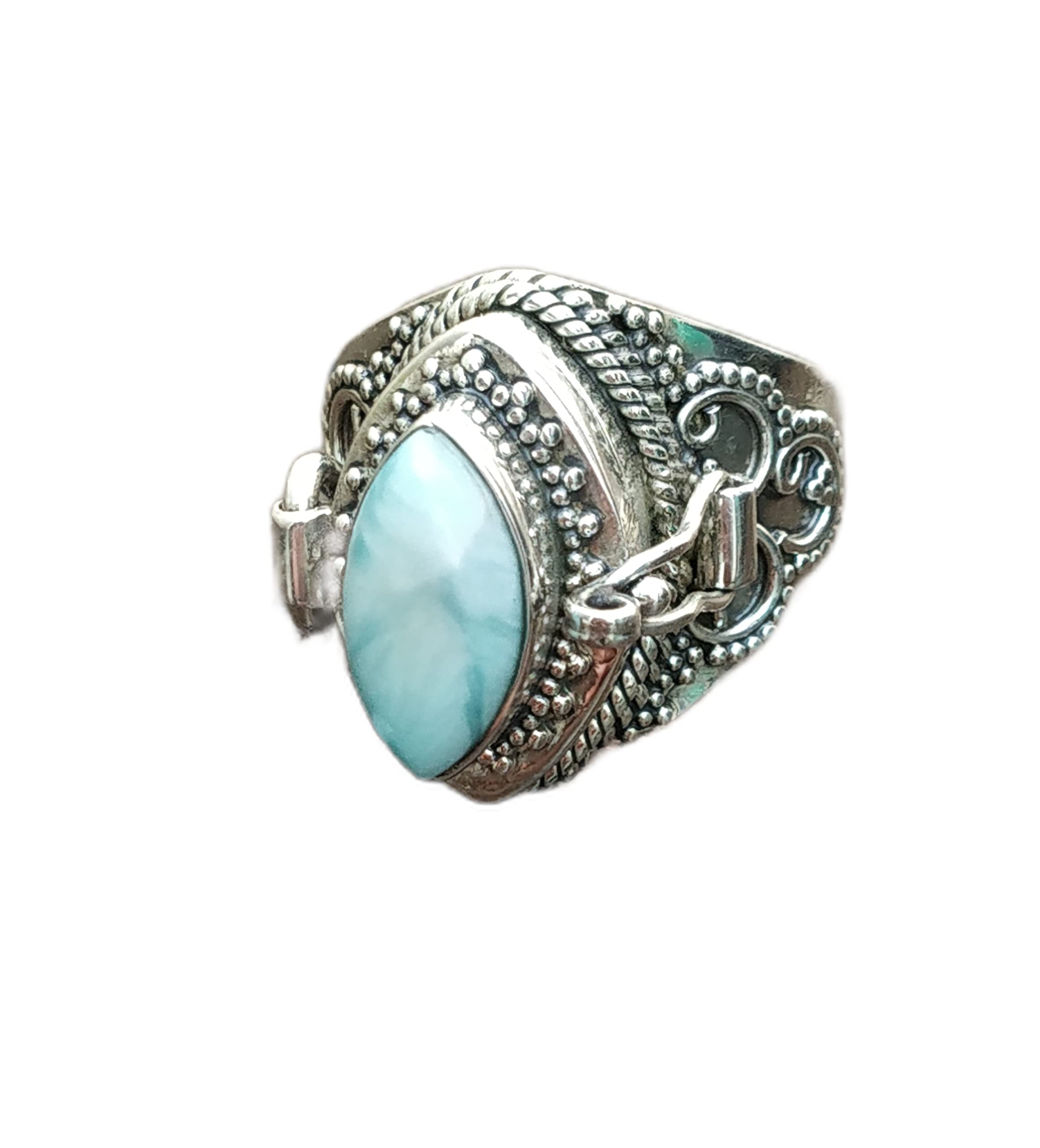 Dominican Republic Larimar Poison Ring - Sterling Silver Locket Ring with Secret Compartment | Magic Portal Jewelry, Bali Style Pill Box Ring | Perfect for Gifts, Witchy Aesthetic & Boho Fashion (Size 6)