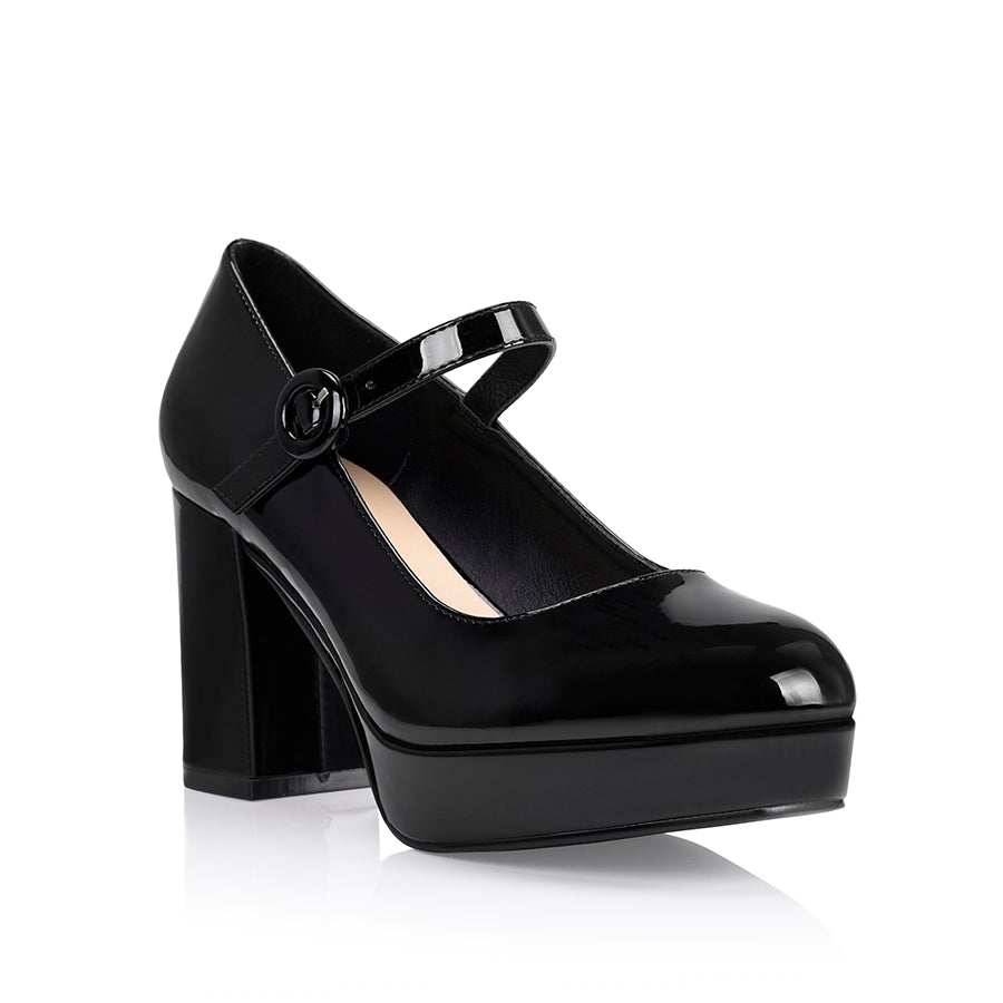 Hennessy Mary Jane Platform Shoes - Black Patent Leather Women's Heels for Casual & Party Wear