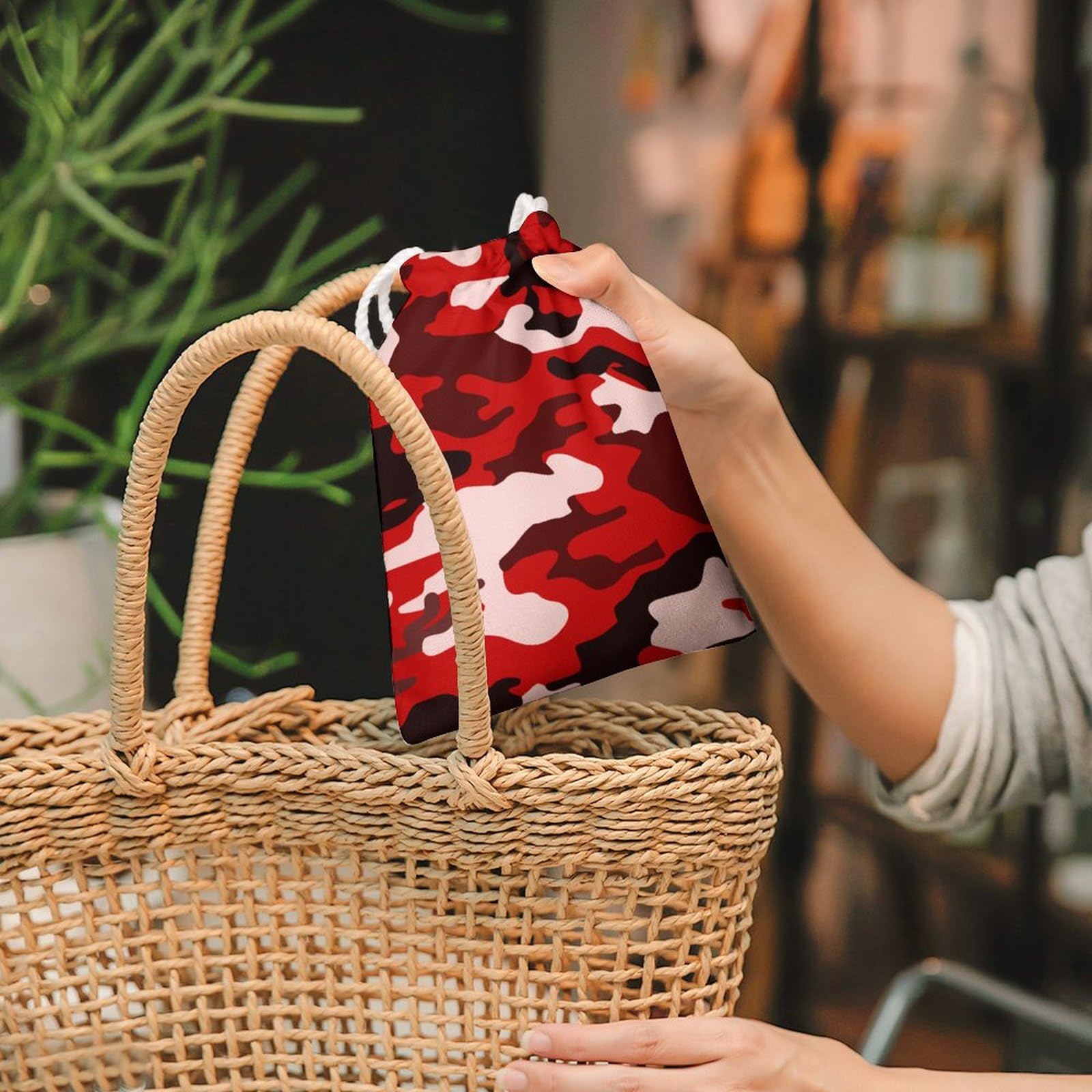 Red & Black Camouflage Cute Muslin Drawstring Bags - Small Reusable Gift Pouches for Jewelry, Party Favors & Storage | Eco-Friendly Canvas Gift Bags for Weddings, Birthdays & Holidays