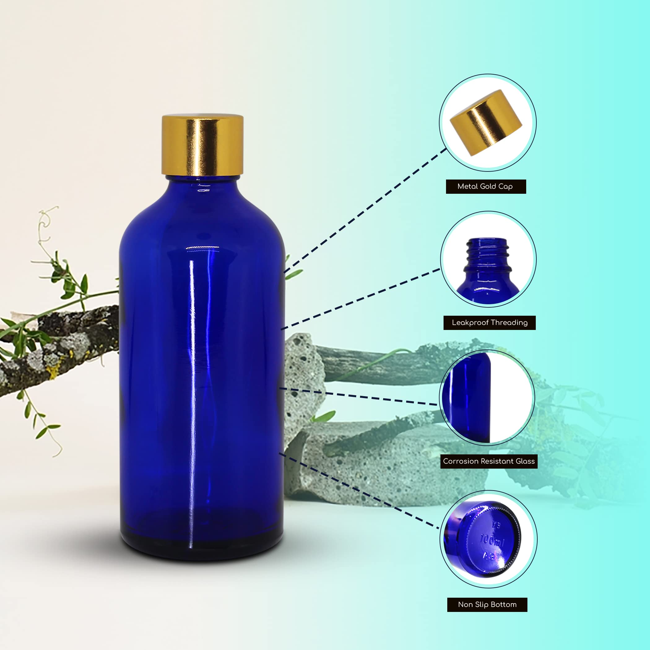 NSB Herbals 100ml Cobalt Blue Round Empty Glass Bottle with Gold Seal Cap & Safety Plug - Refillable, Reusable, Leak Proof for Essential Oils, Perfumes, Face Serums & DIY Blends - Perfect for Aromatherapy, Travel & Home Storage