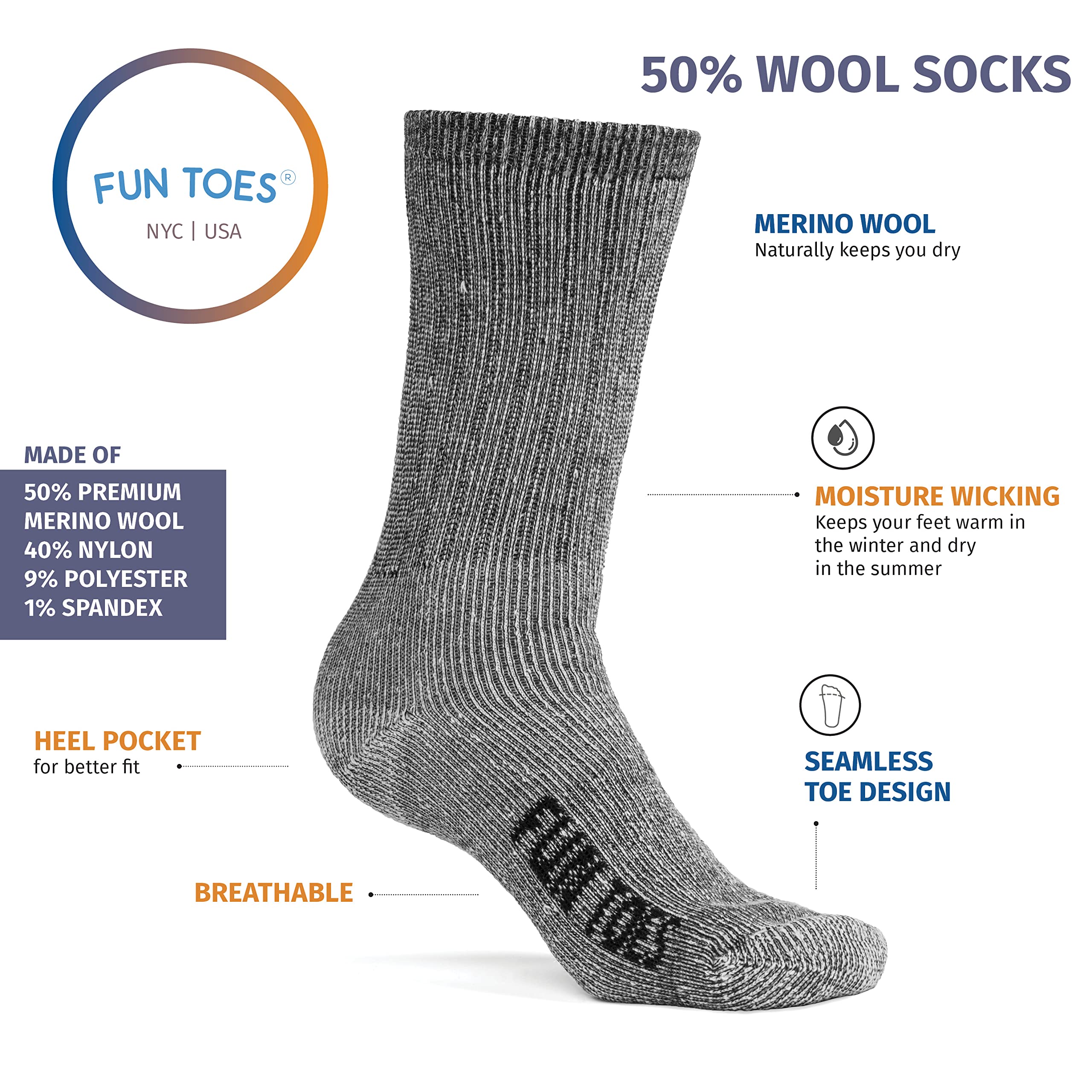 FUN TOES Men's Hiking Crew Socks - 6 Pairs Merino Wool Socks for Men, Lightweight & Reinforced (Size 8-12) - Perfect for Outdoor Adventures, Camping & Winter Hiking
