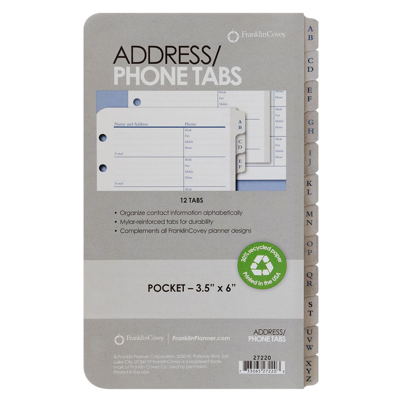 FranklinCovey Pocket Address & Phone Tabs - Planner Expansion Organizer for Contacts - Perfect for Business Professionals & Students (Office, School, Travel Use)