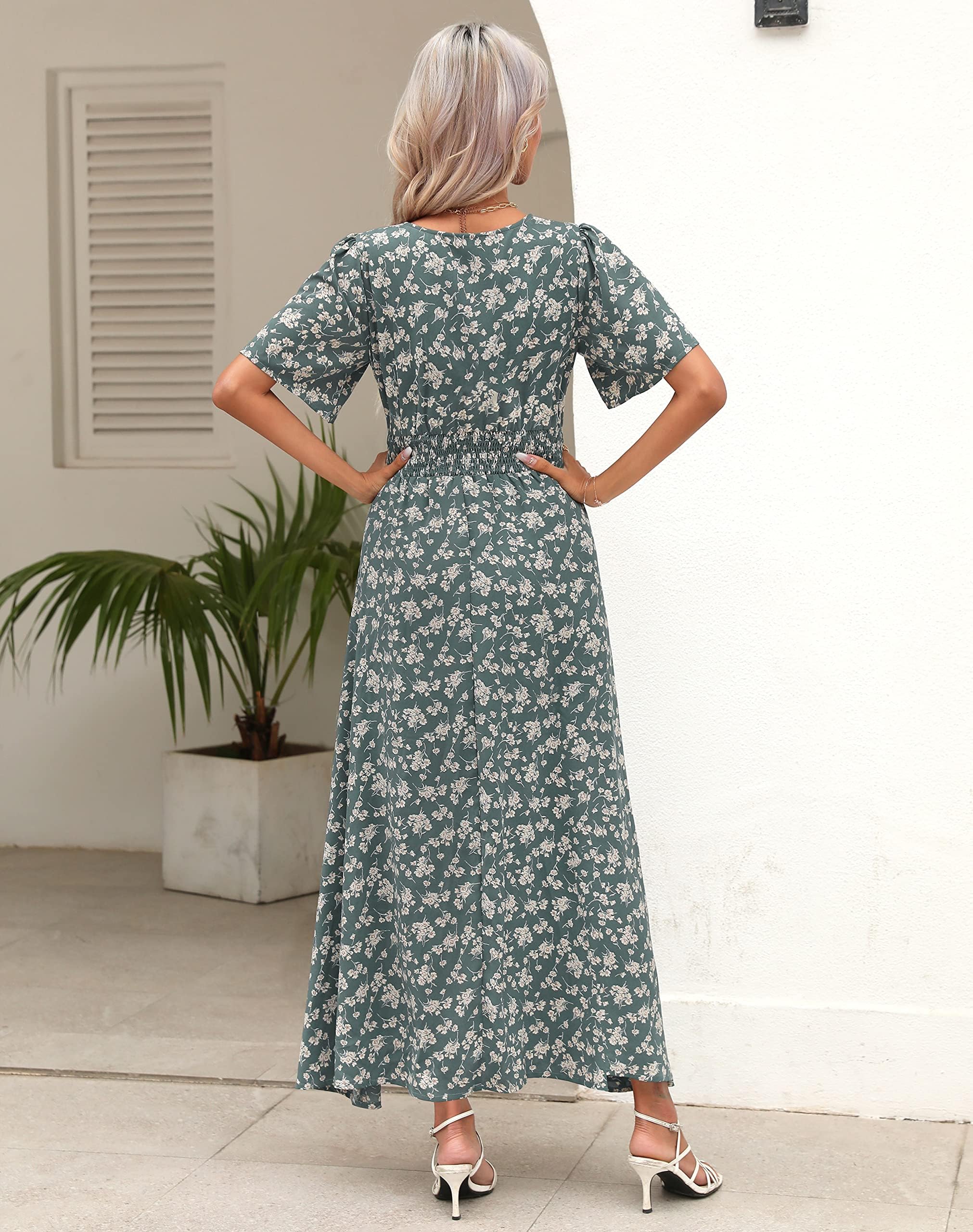 Kranda Women's Floral Boho Maxi Dress - V Neck, High Waist, Short Sleeve, Flowy Swing with Slit - Perfect for Beach, Summer, Spring Casual Wear & Vacation Outfits