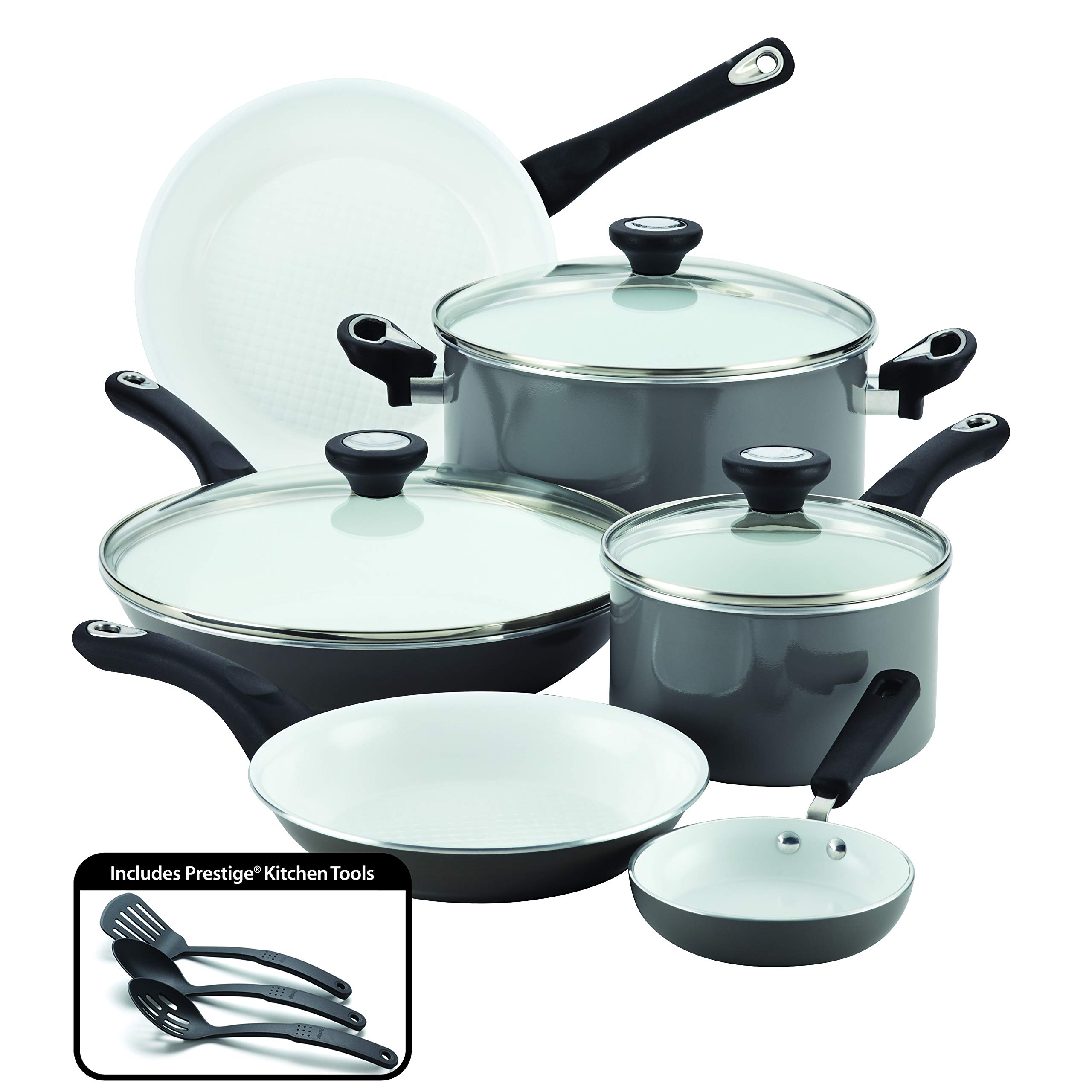Farberware 17498 12-Piece Ceramic Nonstick Cookware Set - Gray Pots and Pans for Healthy Cooking | Perfect for Frying, Boiling & Baking in Modern Kitchens