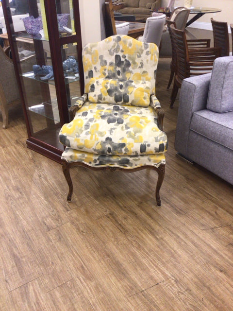 Handcrafted Wooden Armchair with Yellow & Gray Fabric Upholstery and Pillow - Perfect for Living Room, Bedroom, or Home Office Seating