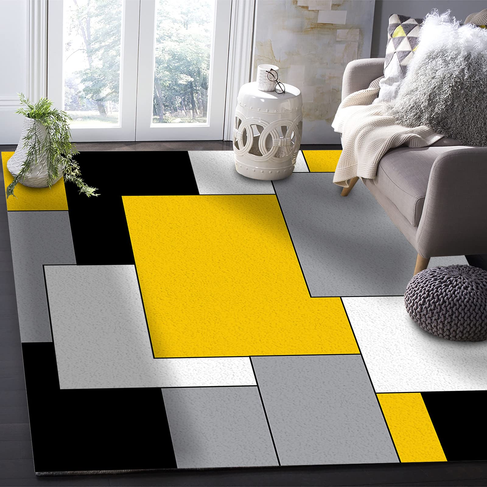 3x5ft Yellow Modern Geometric Area Rug - Machine Made Low Pile Stain-Resistant Washable Indoor Boho Rug for Living Room, Bedroom & Kitchen Decor
