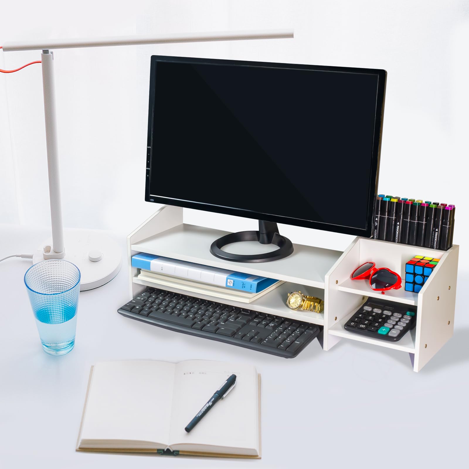 Catekro 2-Tier Wood Monitor Stand Riser with Storage Organizer - Desktop Organizer for Computer, Laptop, Printer (Black) - Perfect for Home Office, Gaming Setup & Workspace Organization