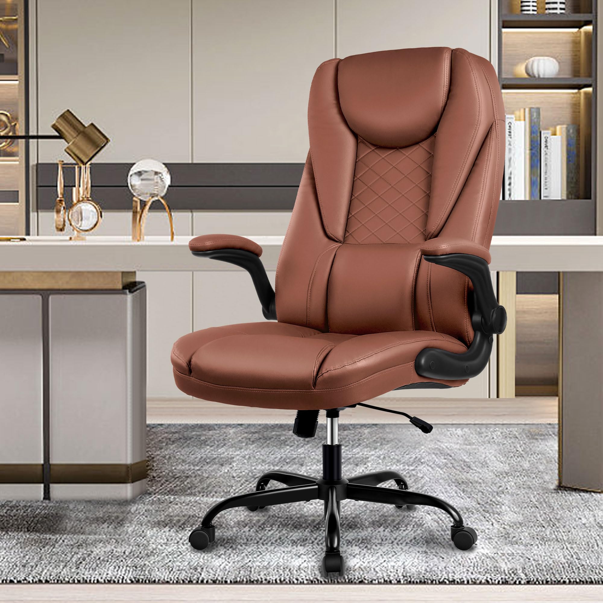 Premium Executive Office Chair - Big and Tall Leather Desk Chair with Flip-Up Arms, High Back & Lumbar Support (Brown) - Ergonomic Comfort for Long Work Hours, Home Office & Conference Rooms