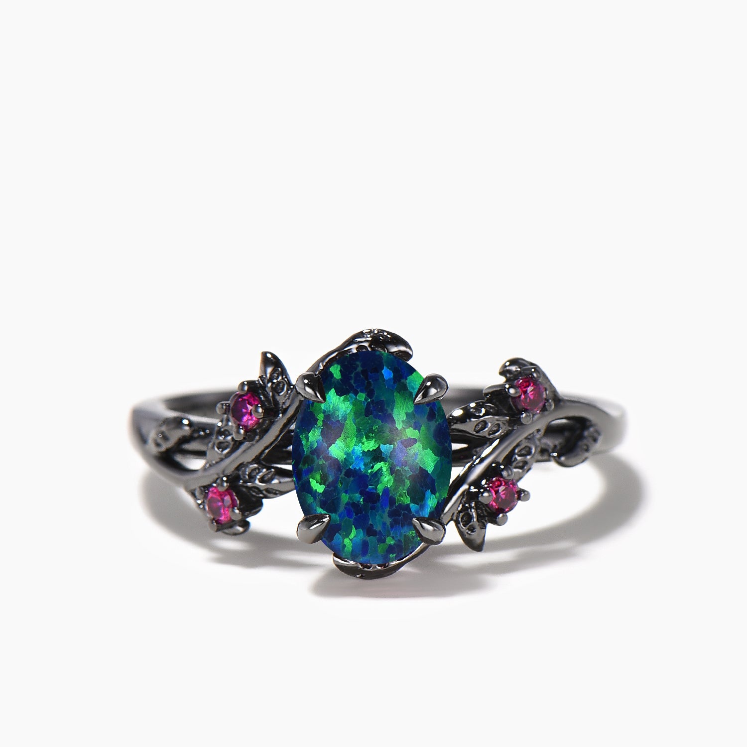 Oval Cut Black Opal Engagement Ring with Ruby Leaves in Black Gold - Nature Inspired Wedding Band for Women, Perfect for Proposals, Anniversaries & Romantic Occasions