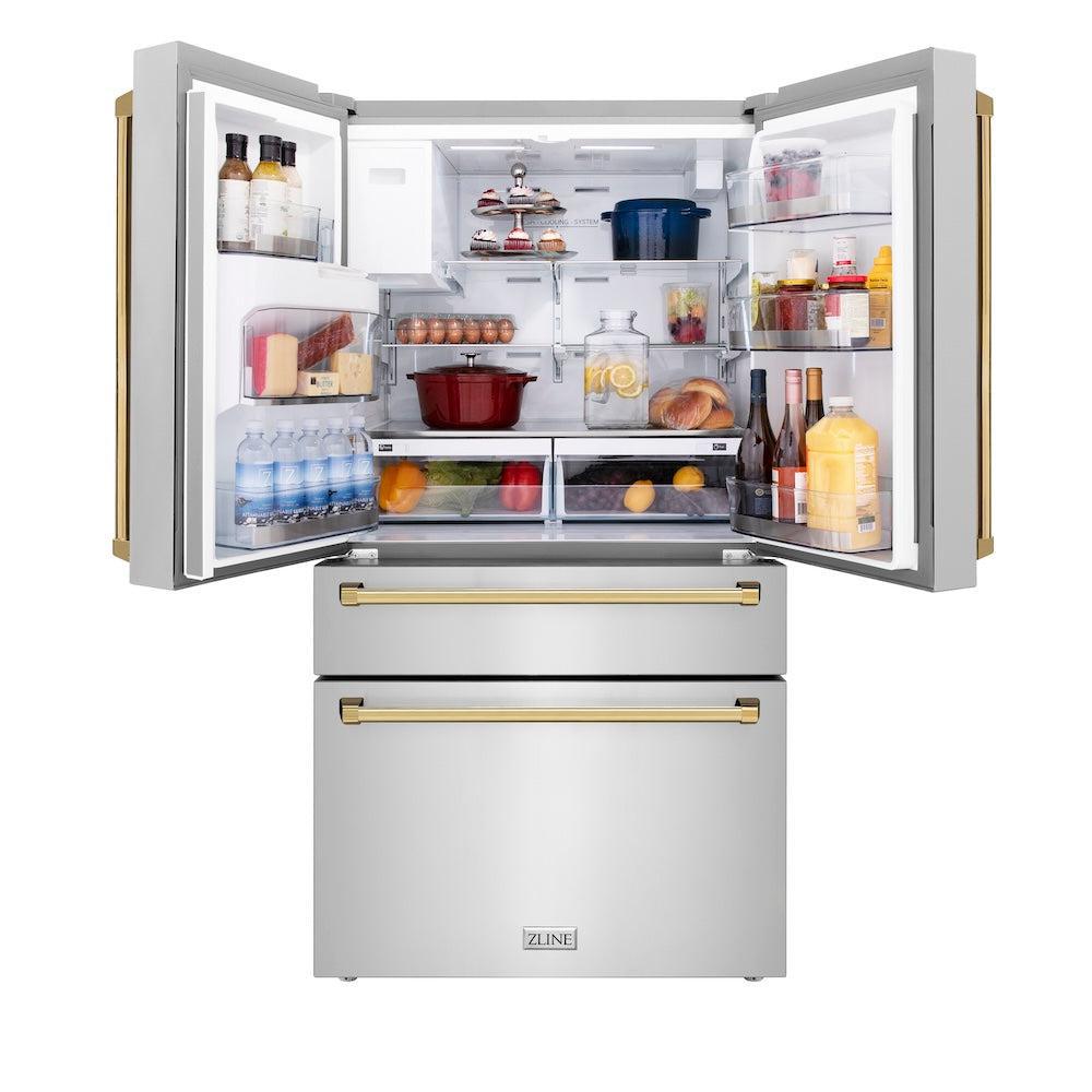 ZLINE Autograph Edition 36 Inch Counter Depth French Door Refrigerator - 21.6 cu ft Capacity, Fingerprint Resistant Stainless Steel with Polished Gold Handles, Built-in Water & Ice Dispenser (RFMZ W 36 G) - Perfect for Modern Kitchens, Open Concept Homes & Luxury Appliances Collection