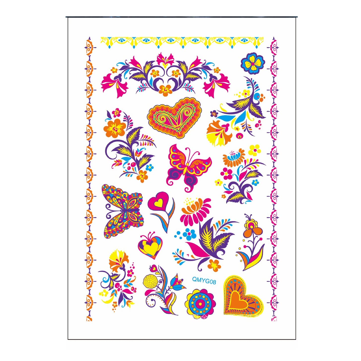 UV Glow Neon Temporary Tattoos - Waterproof Fake Body Art Stickers for Women & Men (21x15cm) | Hearts, Flowers, Butterflies & Armband Designs | Perfect for Parties, Festivals & Body Art Photography