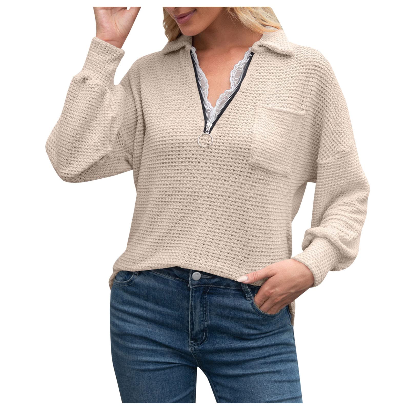 Elegant Women's V-Neck Lace Long Sleeve Blouse with Chain Lapel & Zipper - Dressy Casual Pullover Top for Office, Party & Date Night