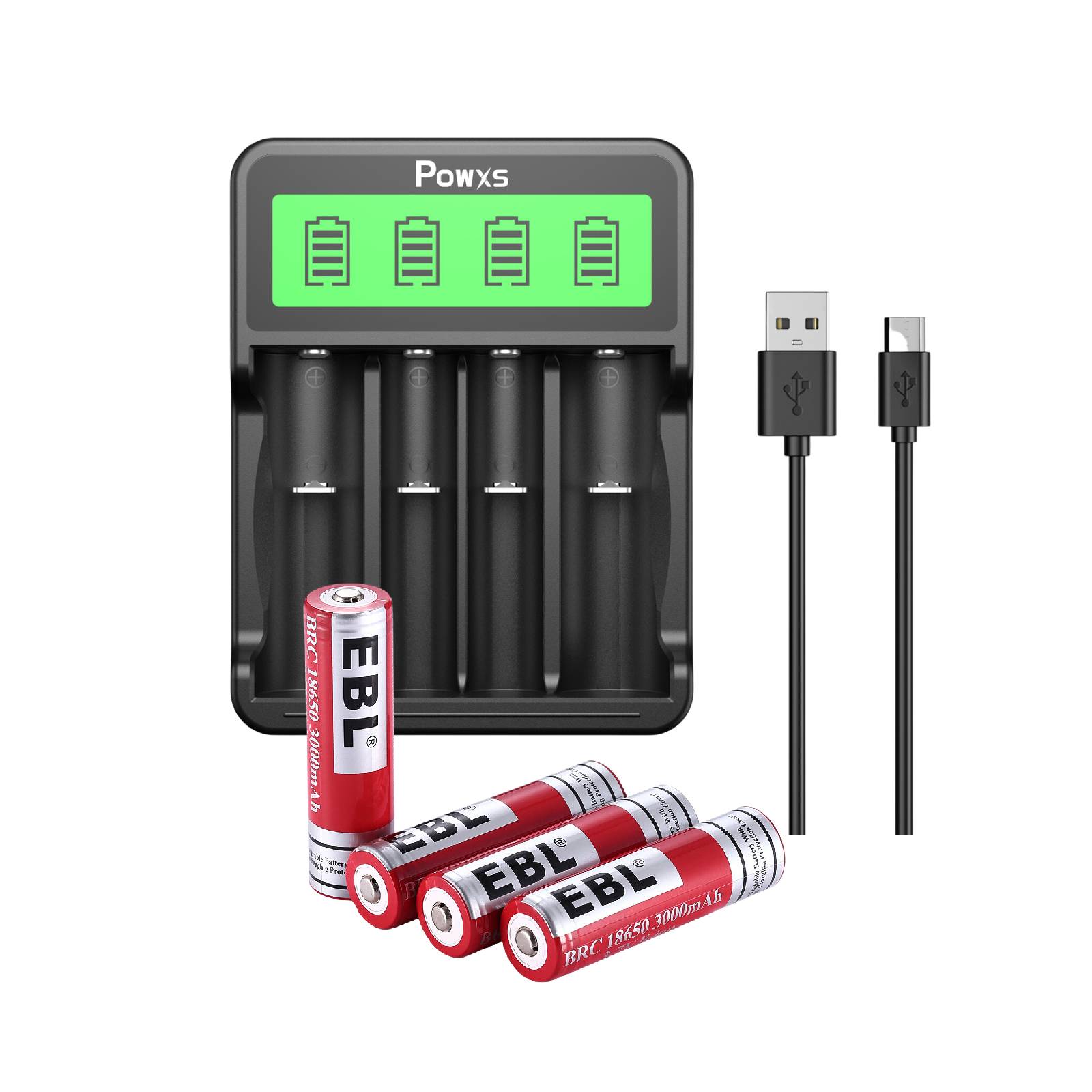 POWXS SW 4P 18650 Li-ion Battery Charger with 4 Rechargeable Batteries - Fast Charging for Flashlights, Vapes & Electronic Devices
