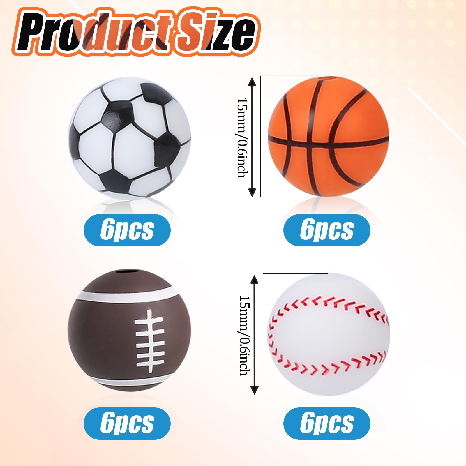 15mm Silicone Sports Beads - 24pcs Multicolor for DIY Jewelry & Keychains - Football Basketball Baseball Crafts