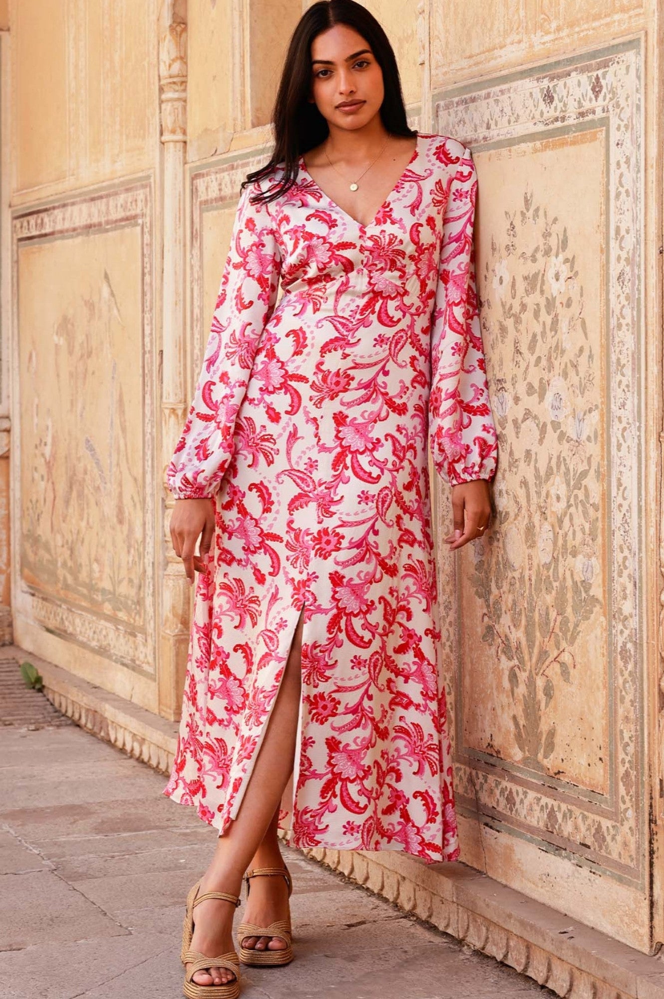 Hannah Satin Dress for Women - Elegant Paisley Floral Print in Cream, Red & Pink Colors | Perfect for Weddings, Parties & Special Occasions