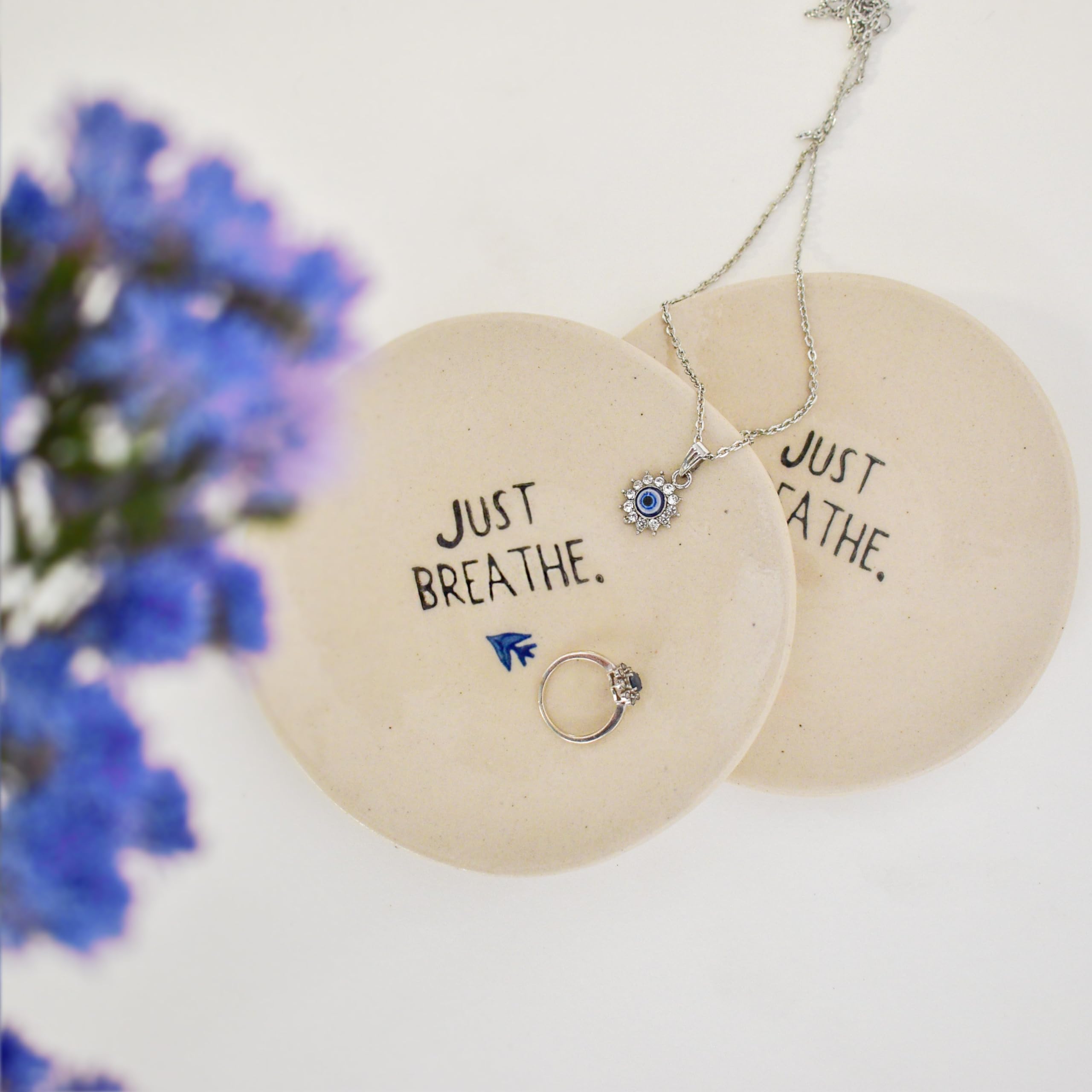 Handmade Ceramic Coasters Set of 2 - Durable Tea Cup Coasters for Dining Table Decor - Just Breathe Design - Perfect for Coffee Tables, Office Desks & Home Decor Accessories