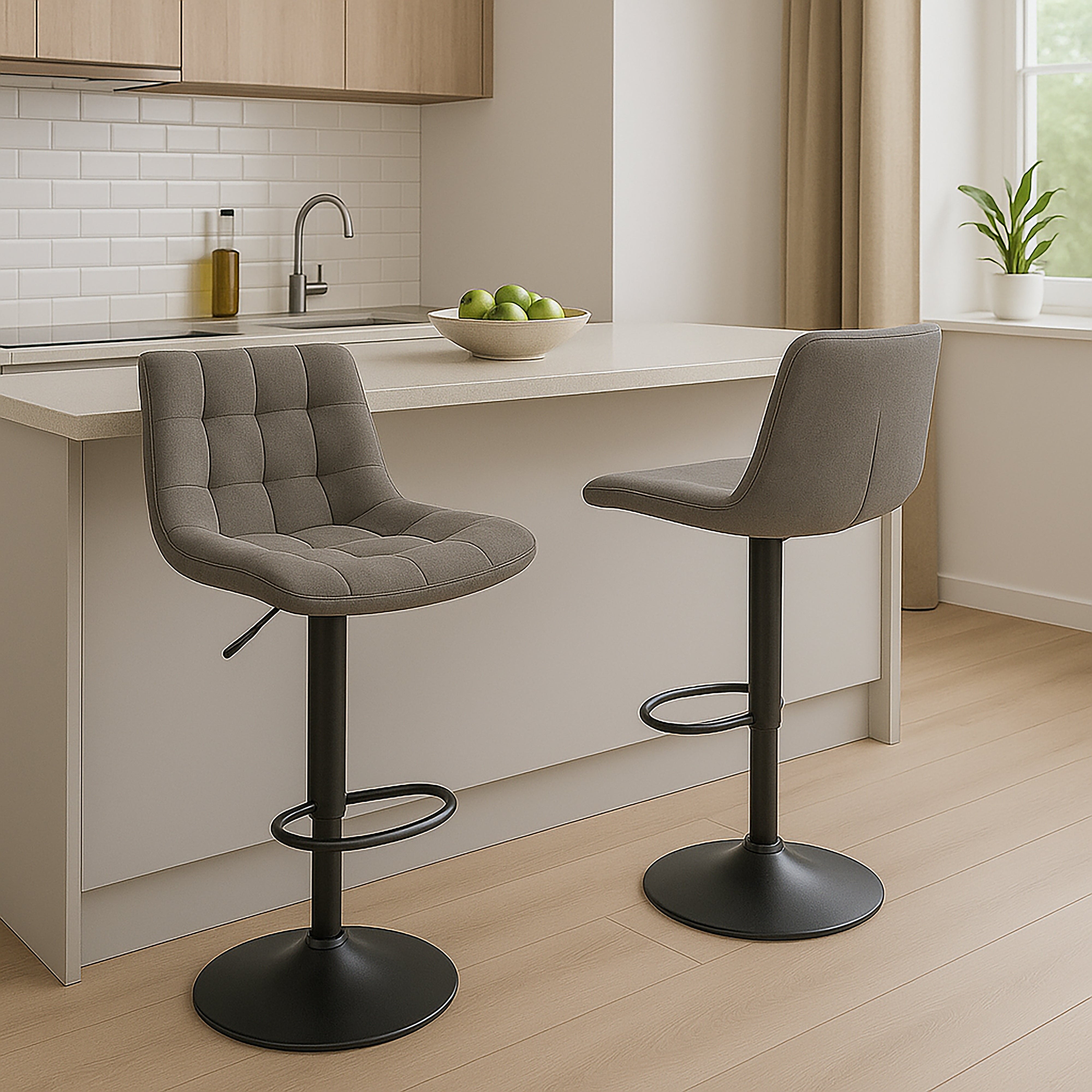Urban Style Black Metal Grey PU Gas Lift Bar Stools - Set of 2 for Kitchen Island, Breakfast Bar & Home Pub Decor