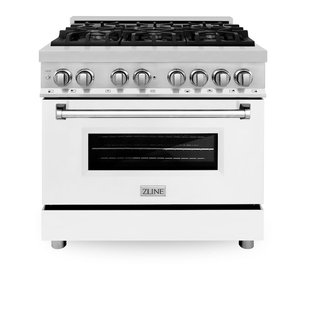 ZLINE 36 Inch Stainless Steel Dual Fuel Range Kitchen Package with White Matte Door & Convertible Vent Hood (2KP RAWMRH36) - Perfect for Modern Kitchens & Professional Cooking