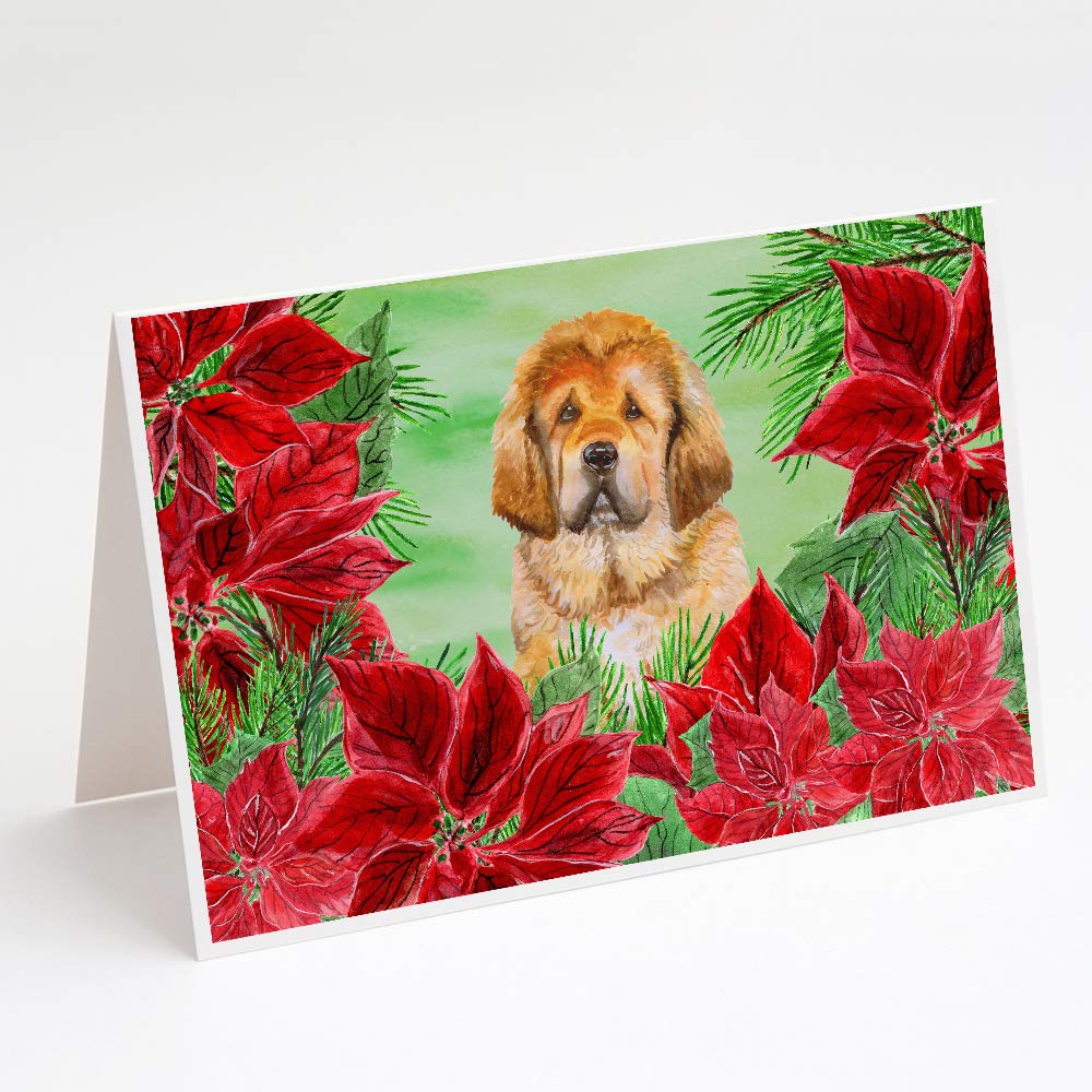 Tibetan Mastiff Poinsettas Greeting Cards - Pack of 8 Blank A7 (5x7) Note Cards with Envelopes | Whimsical Holiday & Christmas Cards for Pet Lovers | Perfect for Gifts, Thank You Notes, and Seasonal Greetings