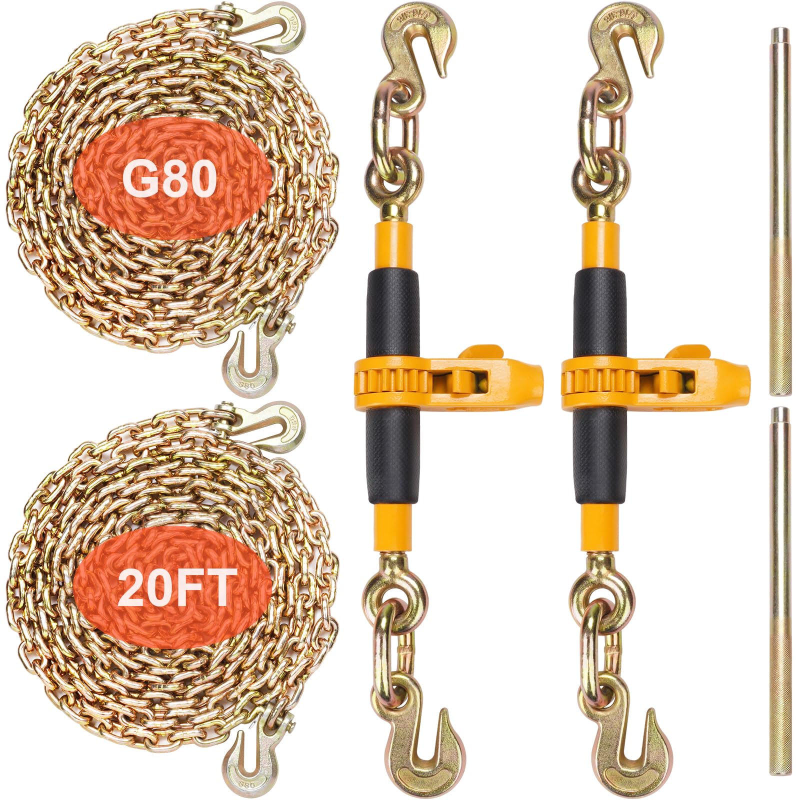 VEVOR Heavy Duty Ratchet Chain Binder 5/16-3/8 Inch with G80 Chain - 7100 lbs Load Capacity, Detachable Anti-Skid Handle - 2 Pack Black & Yellow - for Flatbed Trailers, Cargo Securing, Trucking & Transport - Great for Construction, Landscaping, Towing Equipment & DIY Projects