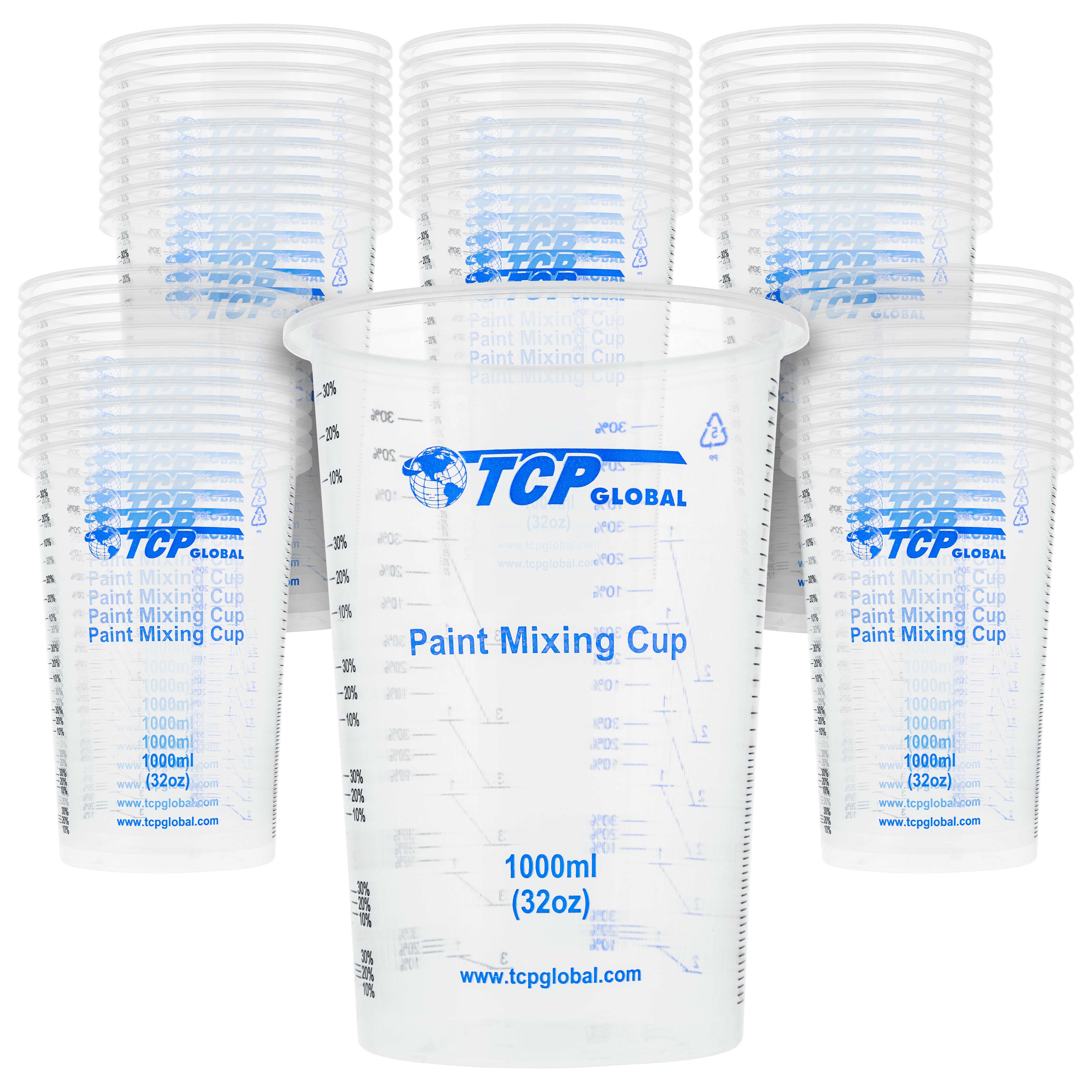 TCP Global 32oz (1000ml) Disposable Plastic Mixing Cups - Clear Graduated Measuring Cups for Paint, Resin, Epoxy, Art & Kitchen Use - Pack of 50 - Perfect for DIY Projects, Baking & Crafting