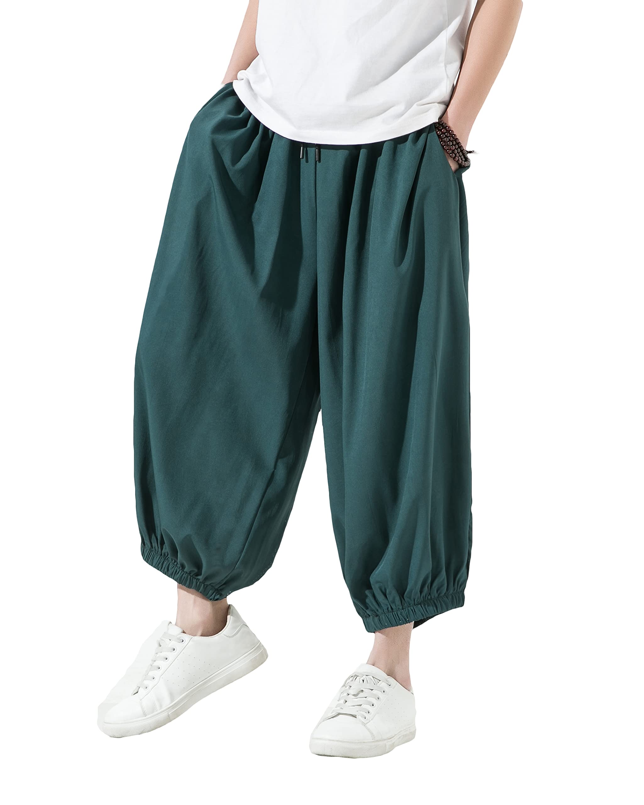 **PRIJOUHE Men's Casual Baggy Pants - Lightweight Loose Drop Crotch Harem Joggers with Elastic Waist - Cropped Comfortable Streetwear for Gym, Lounge & Travel**