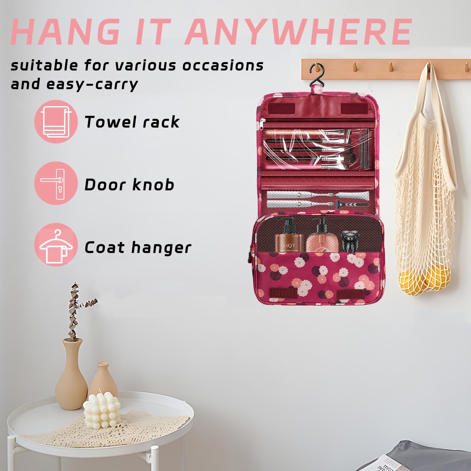 Waterproof Hanging Toiletry Bag for Travel - Multifunctional Makeup Organizer with Hook for Women & Men (Wine Red Flower) | Perfect for Camping, Gym & Business Trips