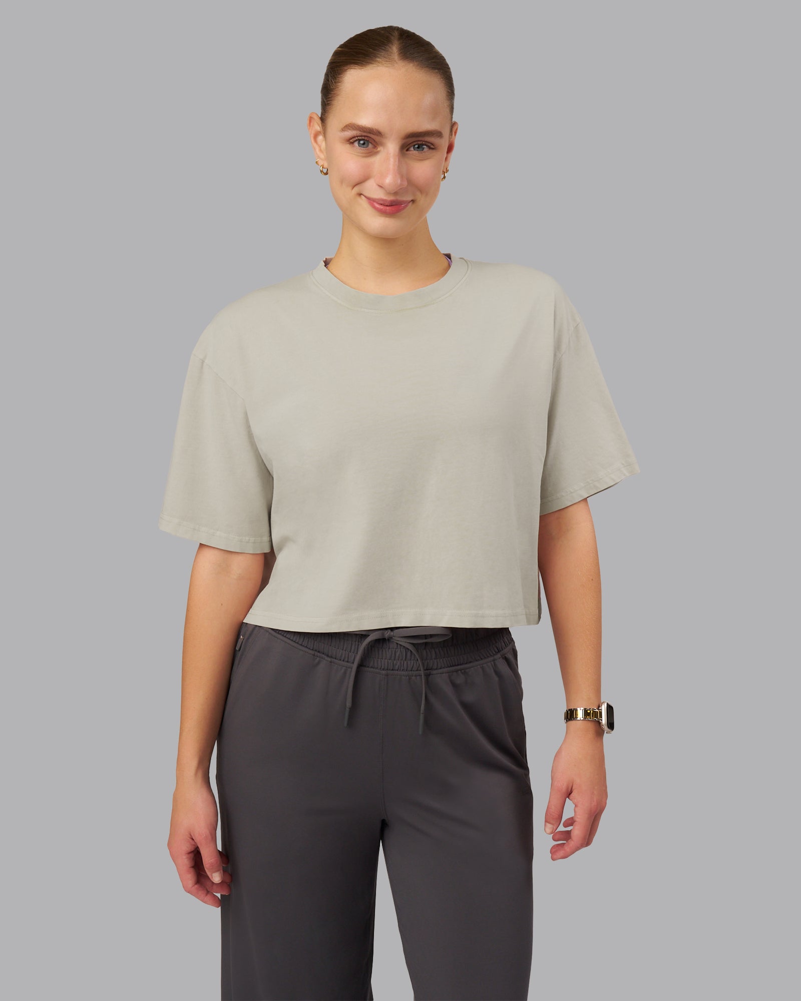 FLXCotton Cropped Tee - Washed Shale Beige & White | Soft Comfort Fit Women's T-Shirt | Perfect for Casual Wear, Summer Outfits & Layering