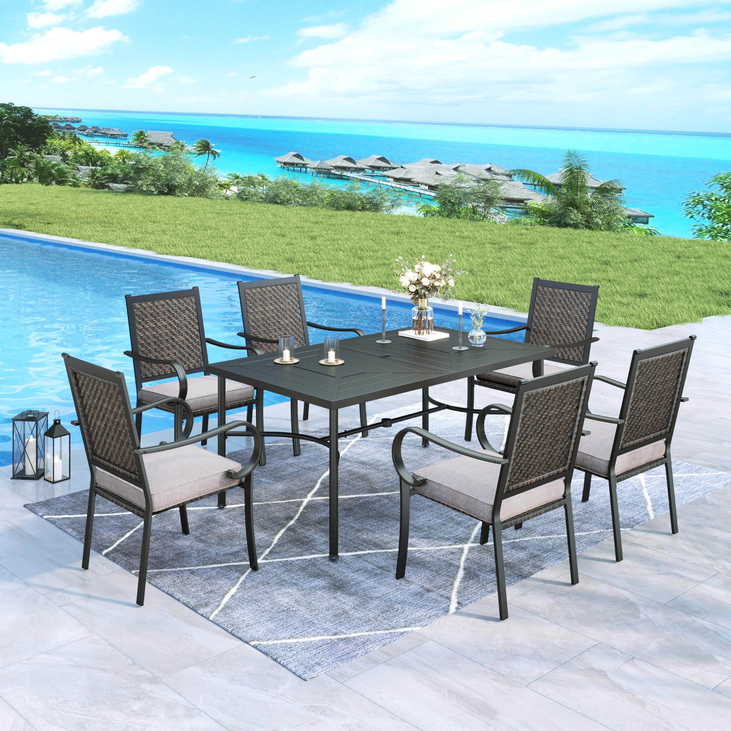 MFSTUDIO 7-Piece Outdoor Dining Set - Black Metal Patio Table with 1.75