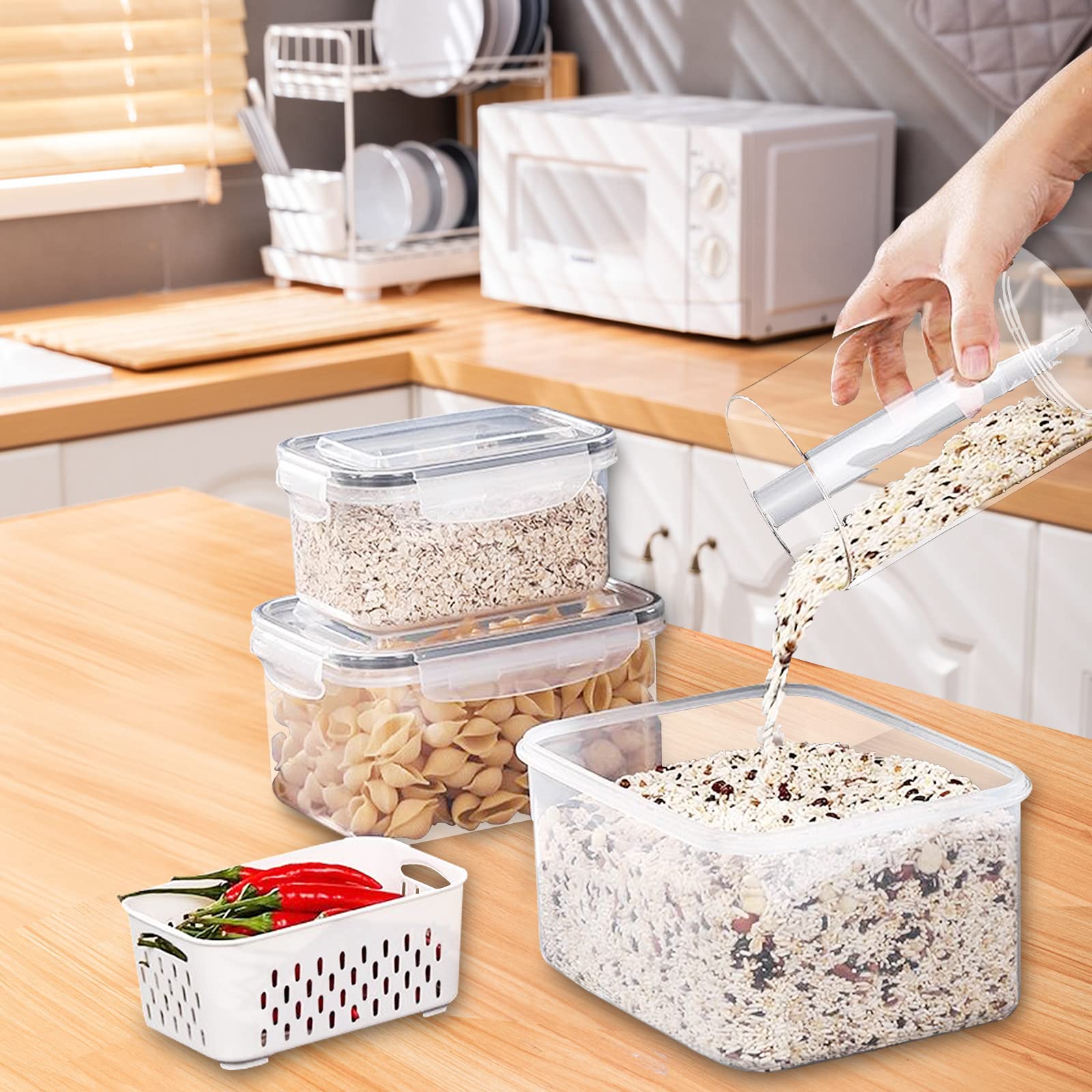 4-Pack Large BPA-Free Plastic Food Storage Containers with Lids & Strainer - Airtight Fridge Organizers for Fruits, Vegetables, Berries & Meat - Keep Produce Fresh Longer - Perfect for Meal Prep, Kitchen Organization & Refrigerator Storage