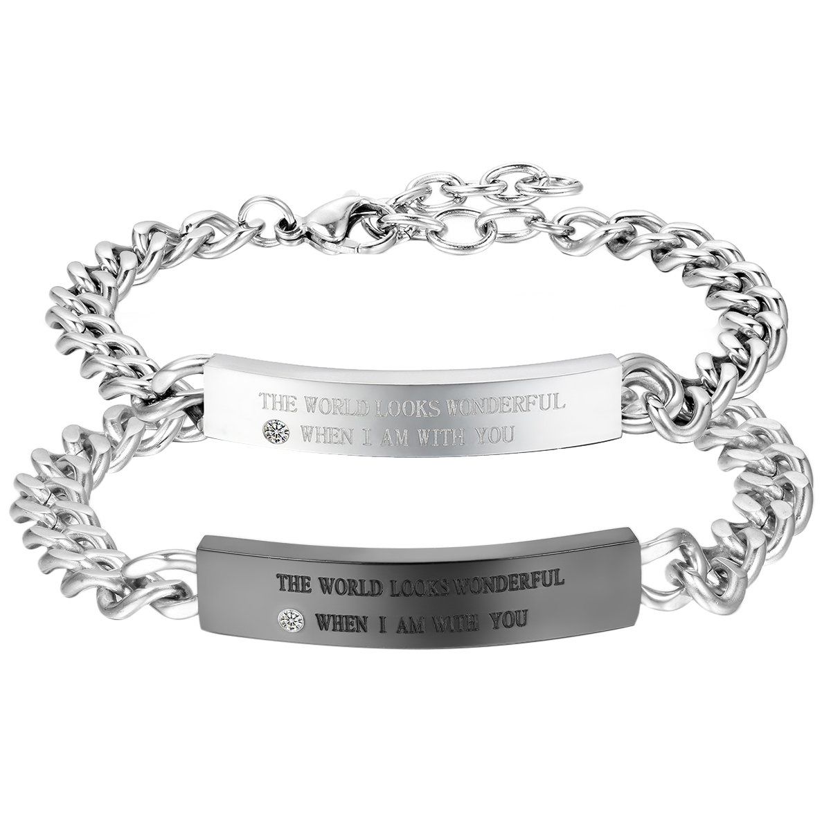 Cupimatch 2PCS Couples Bracelets Set - Stainless Steel Matching Heart Puzzle Link Chain Bangle for Him & Her - Romantic Gift for Anniversary, Valentine's Day & Couple Date Night