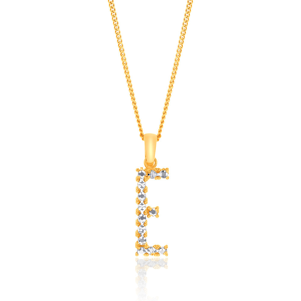 9ct Yellow and White Gold Two Tone Diamond Cut Initial E Pendant Necklace - Elegant Personalized Jewelry for Women, Perfect for Gifts, Anniversaries & Special Occasions