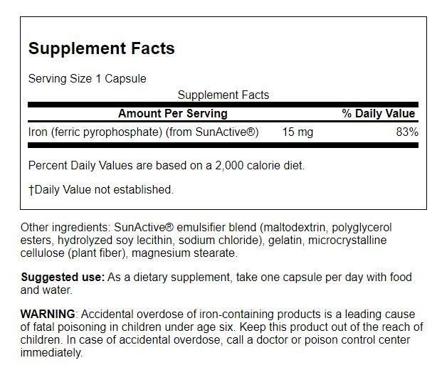 Swanson Sunactive Gentle Iron 15mg - 90 Capsules for Optimal Absorption & Energy Support - Ideal for Sensitive Stomachs & Active Lifestyles