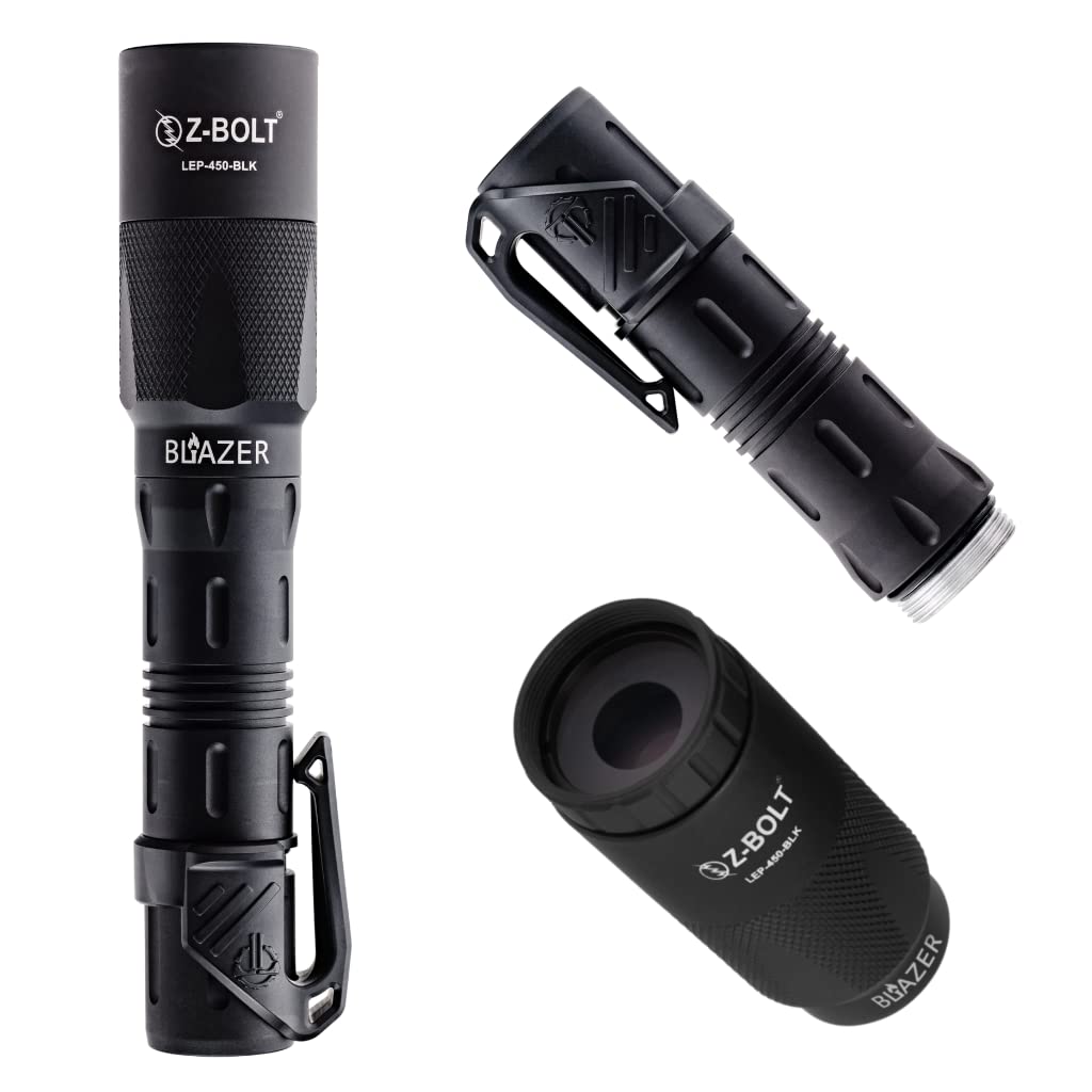 Z-BOLT® Blazer 18650 LEP Flashlight with Beam Shaping Diffuser - Dual Fuel Rechargeable Tactical Flashlight - 1100m Long Range, 315,000 Candela - THYRM LPC Pocket Clip Included - Perfect for Duty Carry, EDC, Camping & Outdoor Adventures (Black)