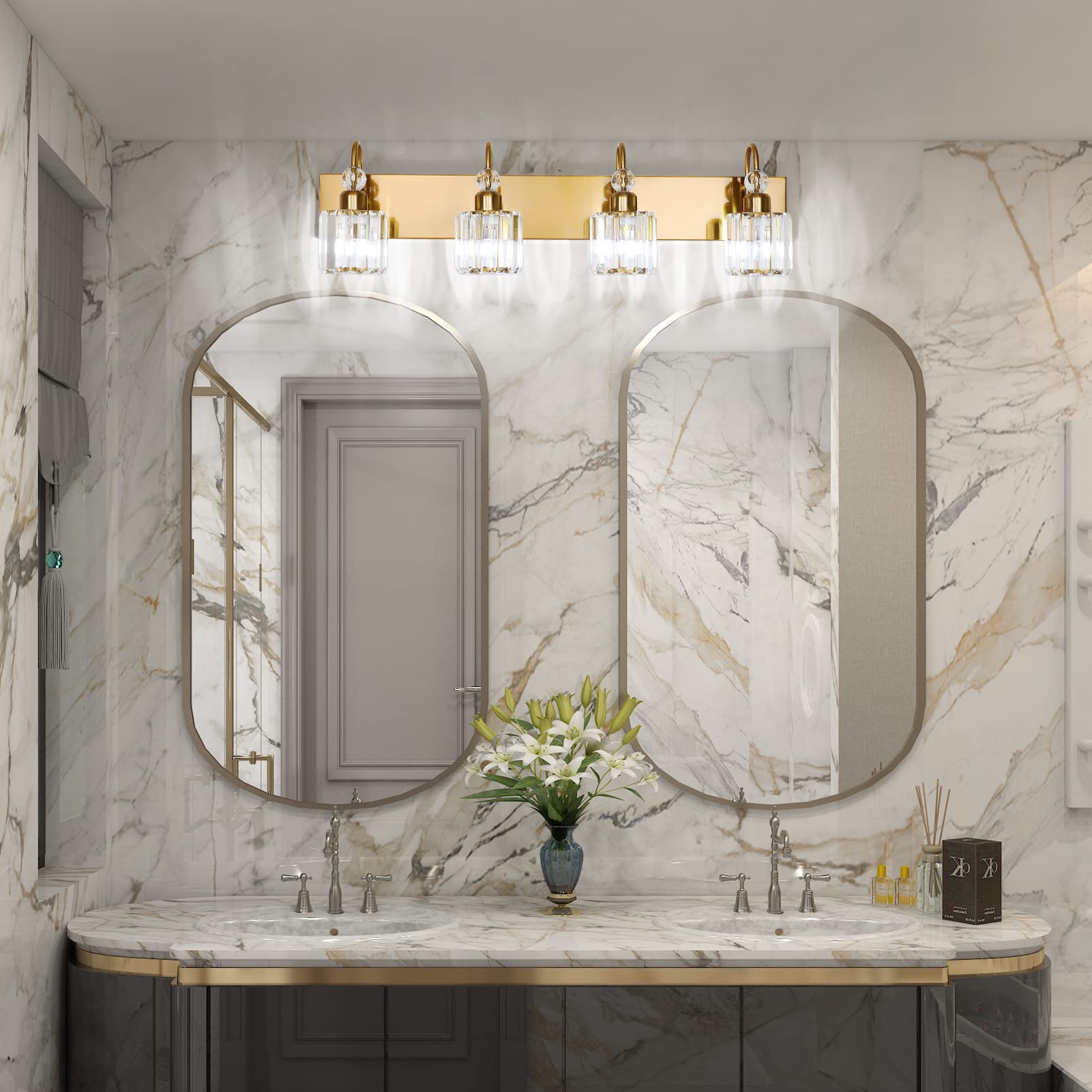 Ralbay 4-Light Brass Gold Vanity Lights with Crystal Accents - Modern Bathroom Wall Lighting Fixture for Mirror - Perfect for Bathroom, Powder Room, and Dressing Area Makeup Lighting