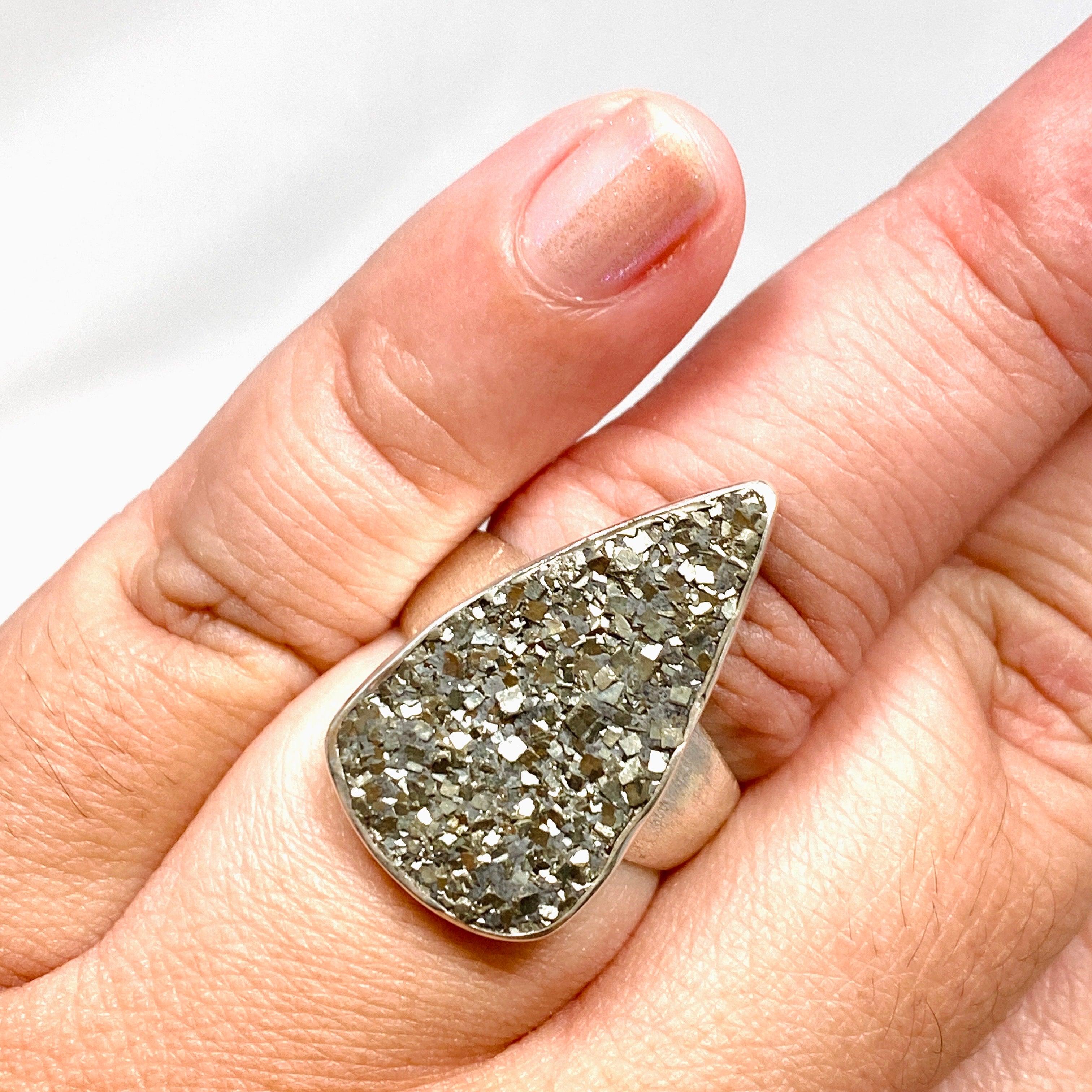 Natural Pyrite Raw Teardrop Ring with Brushed Silver Band - Size 10 - KRGJ3192 - Perfect for Boho Jewelry & Crystal Healing Collections