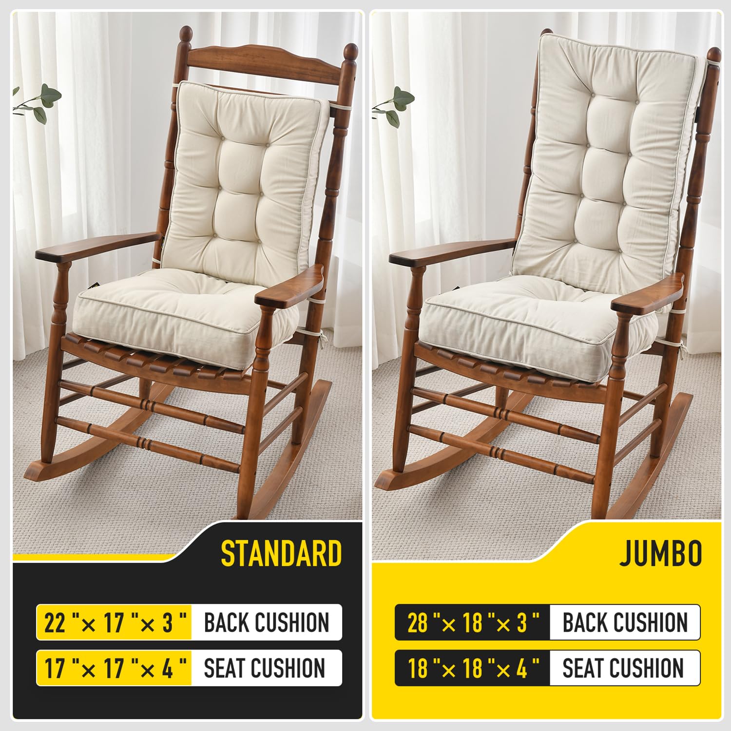 **SUNROX Memory Foam Jumbo Rocking Chair Cushions – Waterproof, Non-Slip, Durable Tufted Seat & Back Cushion Set with Ties for Indoor & Outdoor Rockers (2-Piece, Cream) – Perfect for Patio, Porch, and Garden Relaxation**