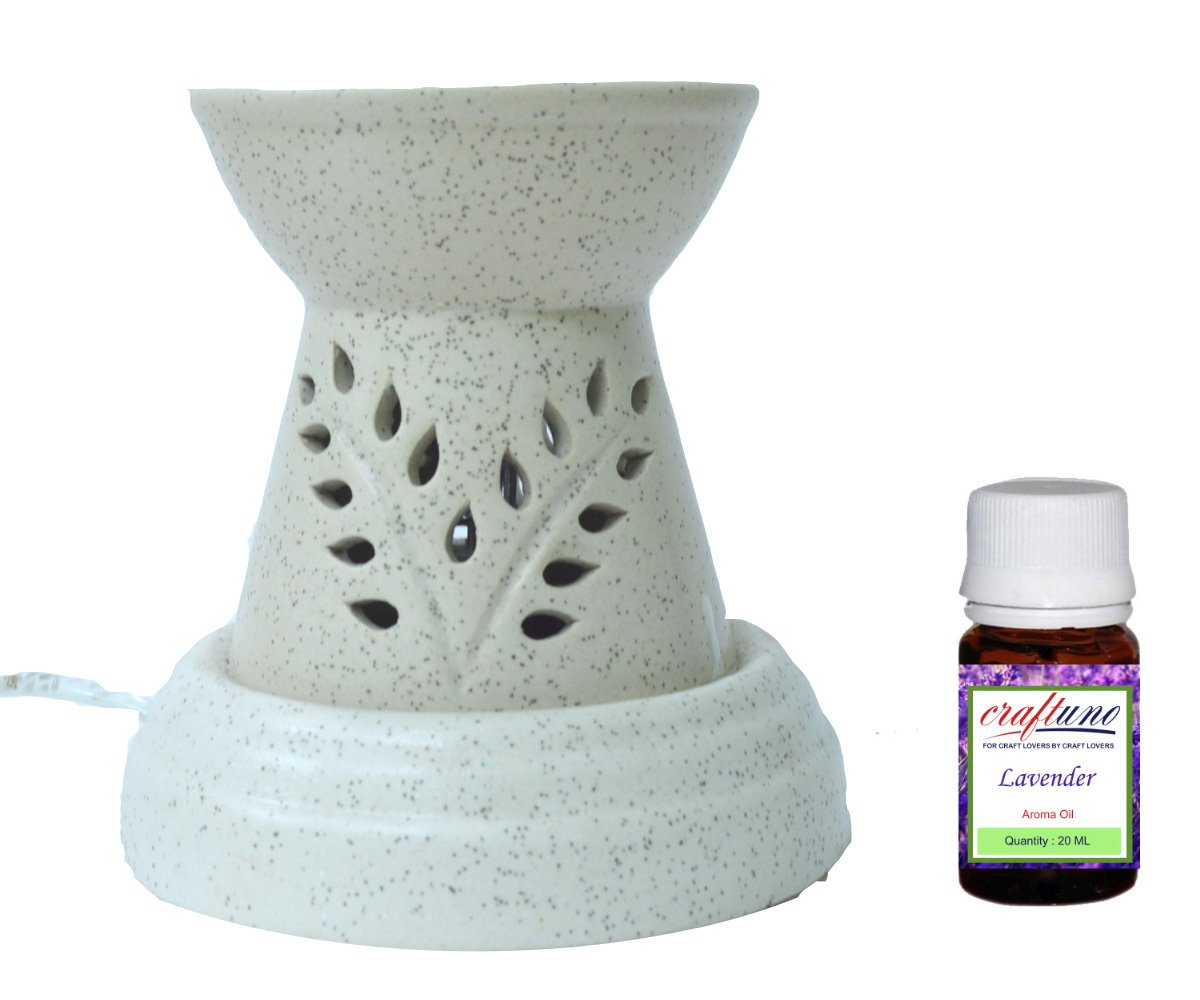 Premium Handcrafted Ceramic Electric Aroma Oil Burner & Diffuser - Royal Ethnic Design in Off-White Matte Finish - Includes Free 20ml Lavender Essential Oil - Perfect for Home Spa, Yoga Studio & Aromatherapy Relaxation