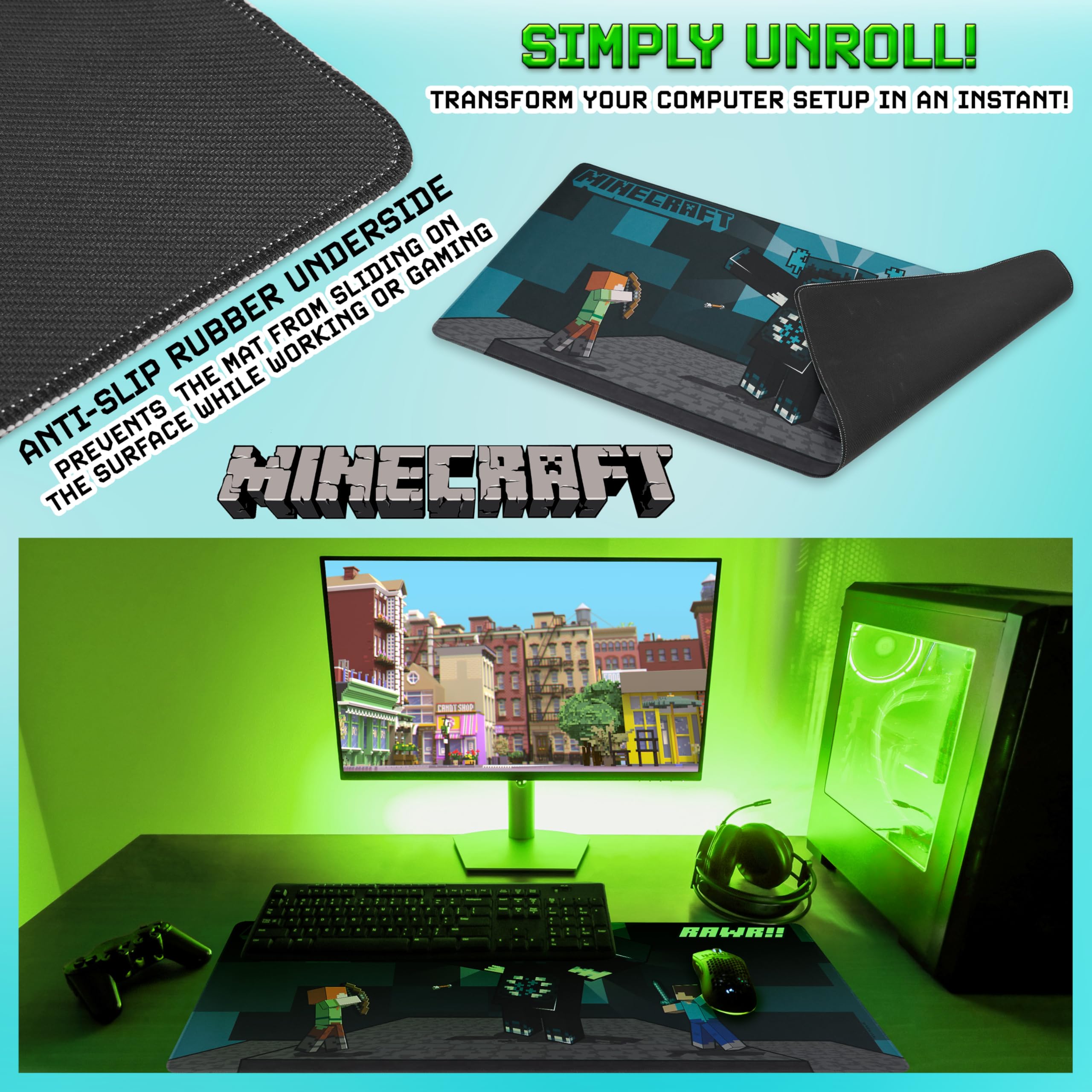 Minecraft Gaming Mouse Pad for Kids & Teens - 80x35cm Non-Slip Desk Mat with Blue Design | Perfect for Computer Gaming, Online School & Office Work