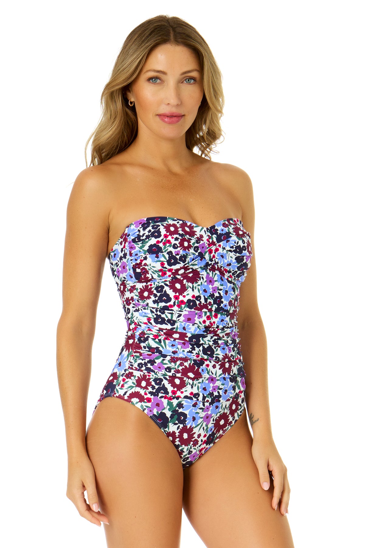 Women's Floral Twist Front Shirred One Piece Swimsuit - Meadow Bouquet Print Bathing Suit for Beach, Pool & Summer Vacations