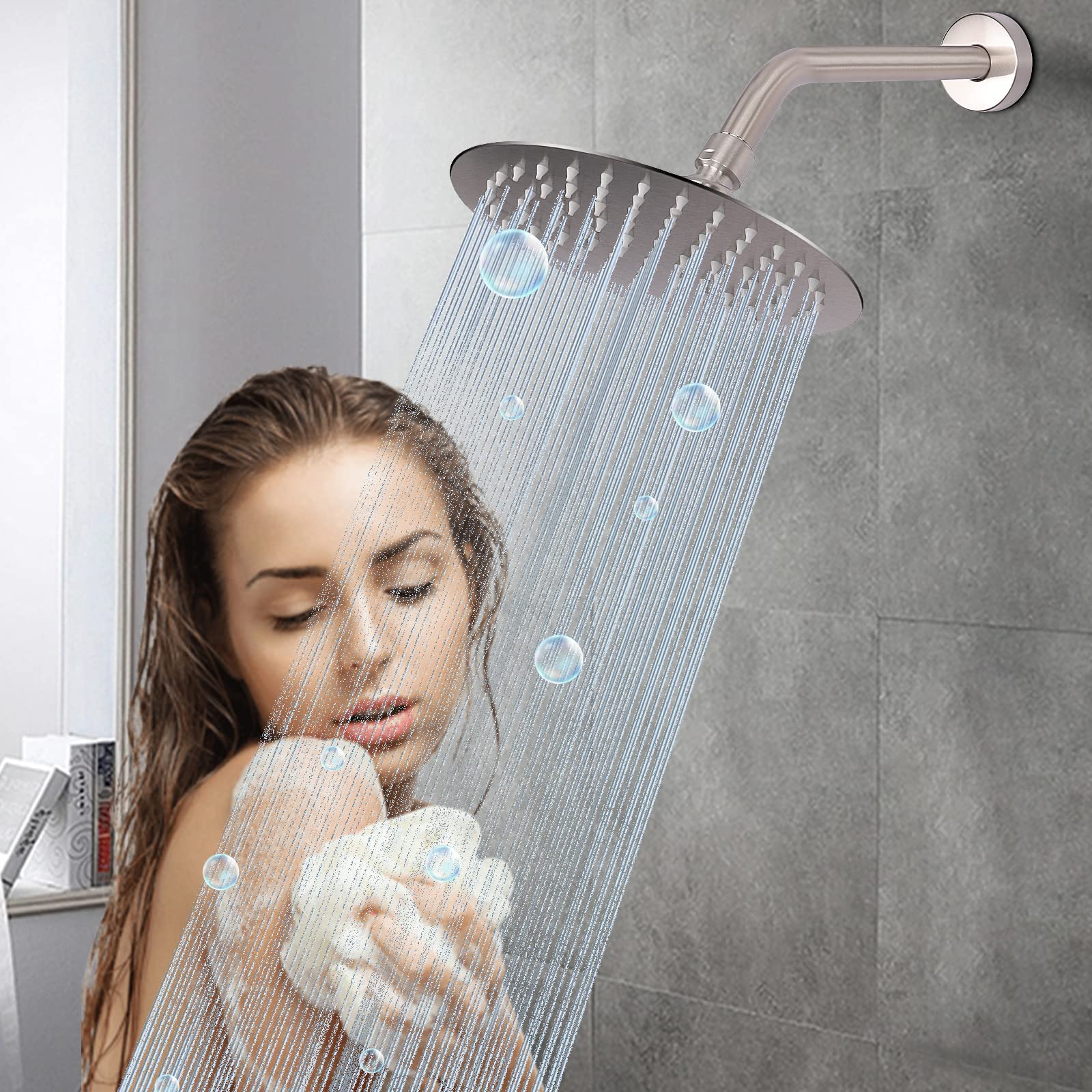 HarJue 8 Inch Brushed Nickel Shower Arm with Flange & Teflon Tape - 304 Stainless Steel Wall Mounted Extension Pipe for Fixed/Handheld Shower Heads - Perfect for Bathroom Renovation & Modern Shower Upgrades